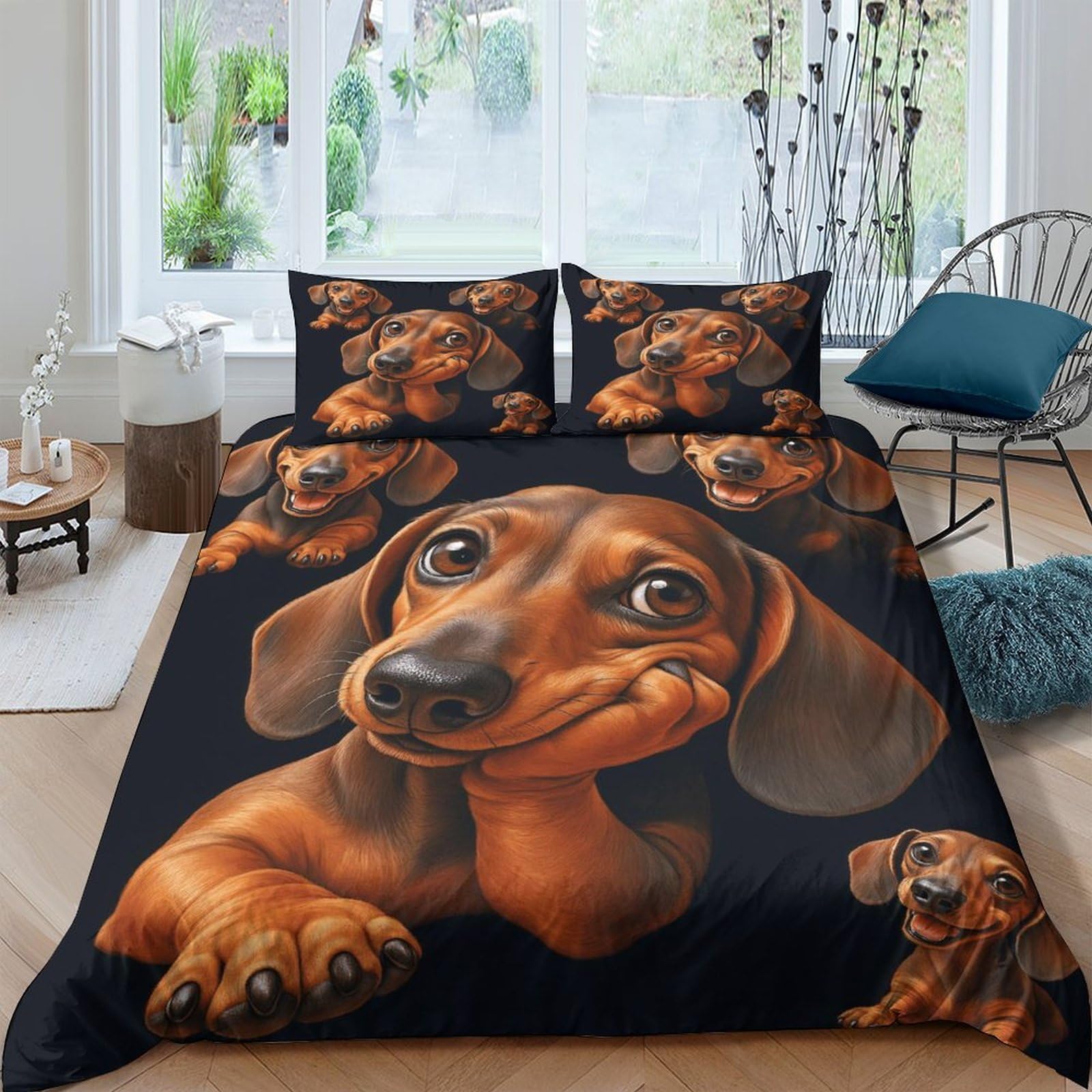 GPLZQXKJNH 3D Printed Dachshund Dog Duvet Cover Set Microfiber Soft Breathable Realistic Puppy Quilt Cover with 2 Pillowcases for Bedroom Home Single（135x200cm）