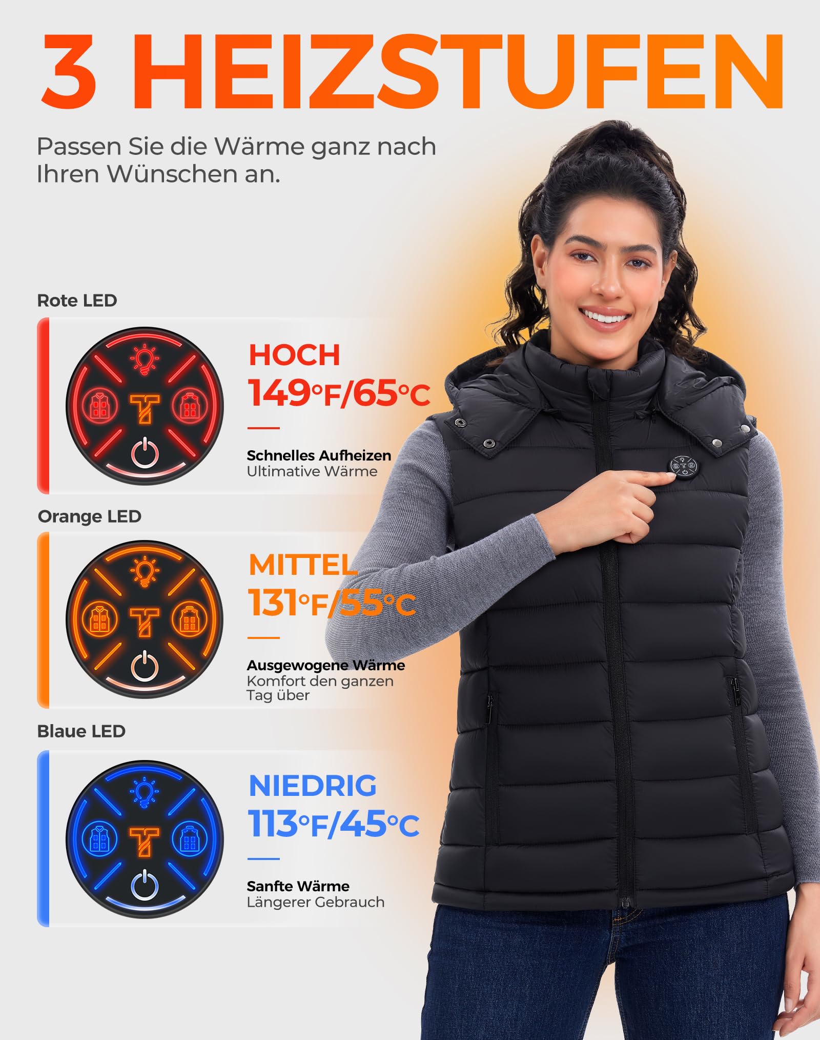 Gilet riscaldante da donna con batteria da 16000 mAh, 15 zone di