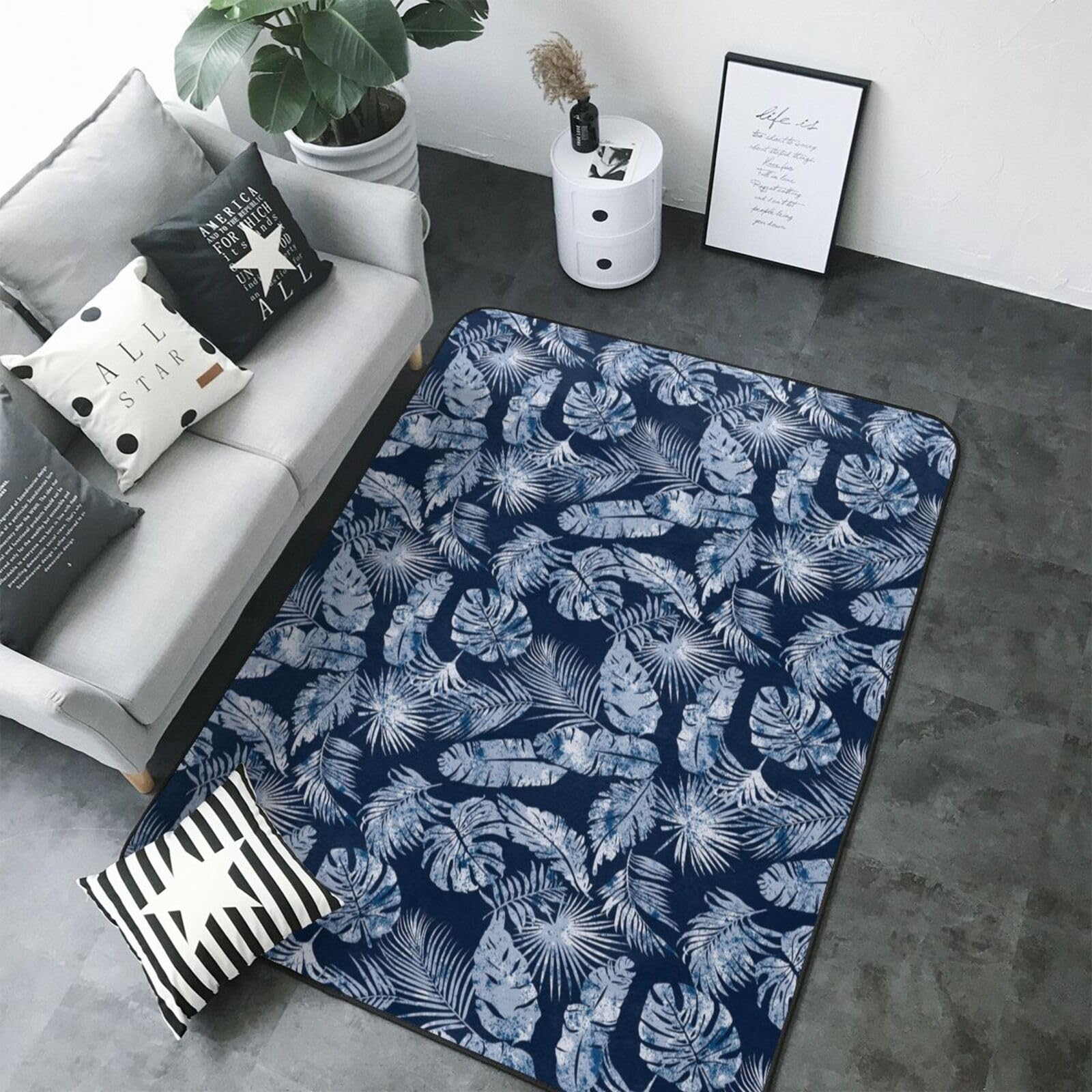 Tapis lavable bleu motif feuilles 12x177 cm : la solution douceur anti-taches