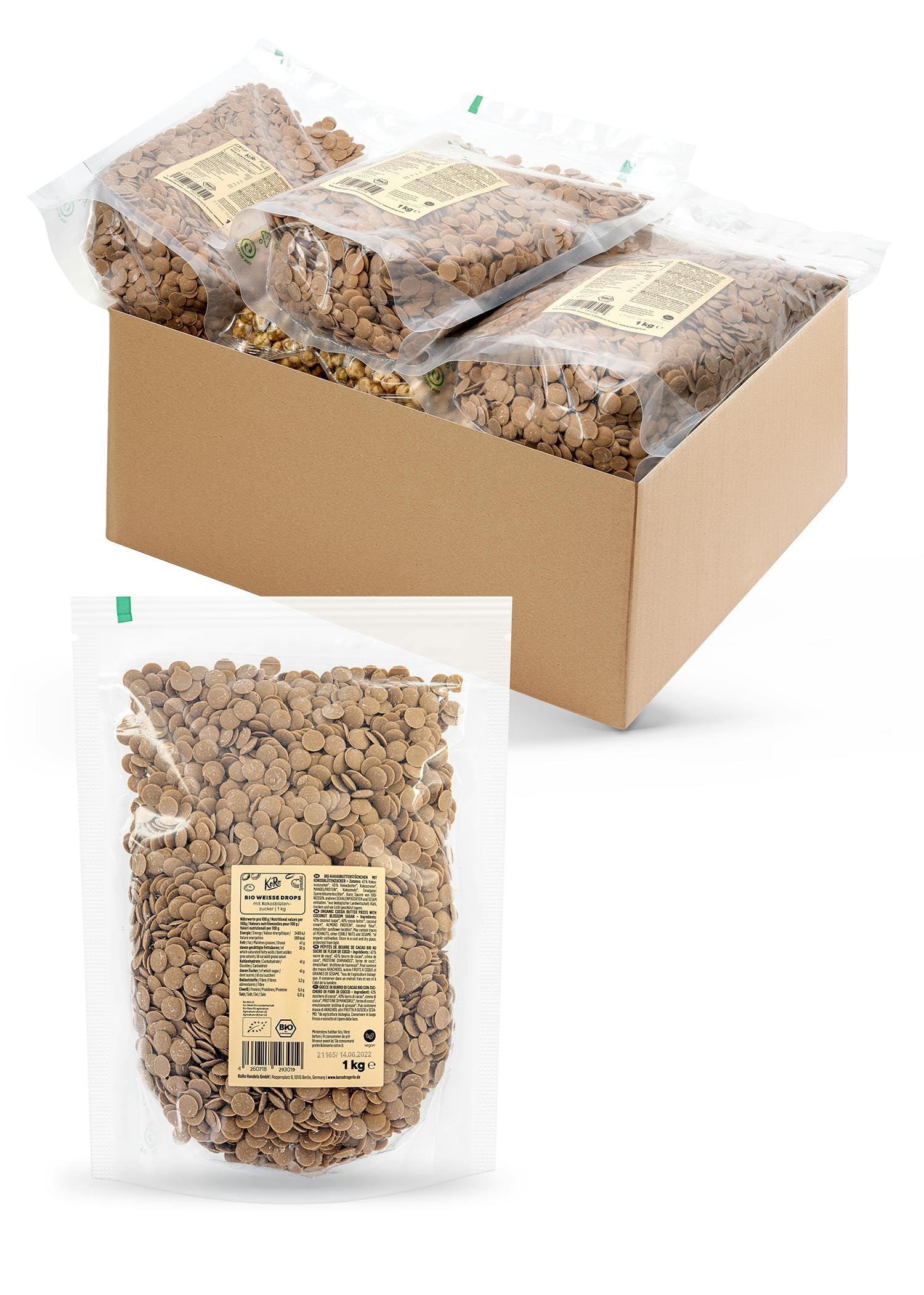KoRo – Pépites de beurre de cacao bio au sucre de coco 6 x 1 kg – Goût sucré et caramélisé – Vegan – Idéal pour pâtisserie