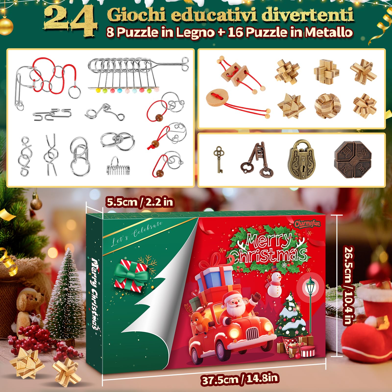FORMIZON Calendario Avvento Rompicapo, Calendario dell'Avvento 2025 con Puzzle in Metallo e Legno 3D, Calendario Avvento Giochi, Giochi di Abilità Regali di Natale per Ragazzi Ragazze Adolescenti