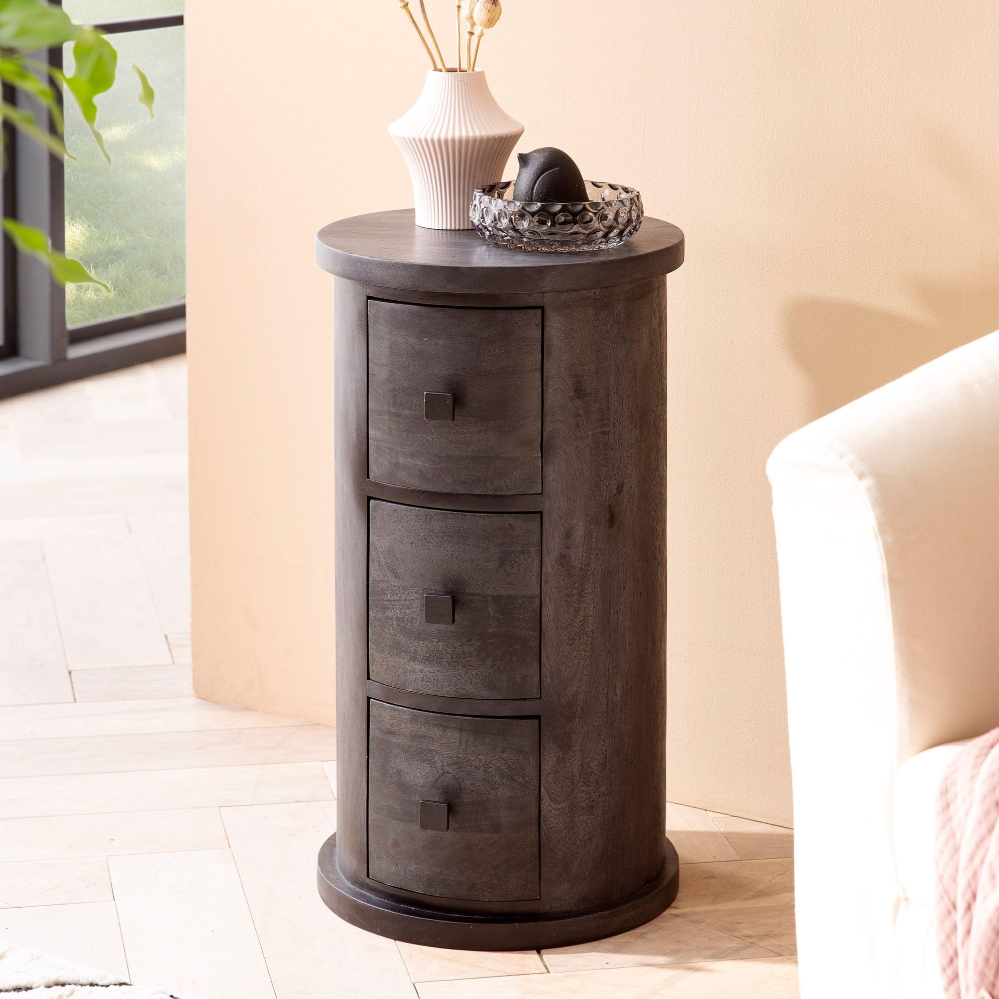 WOHNLING Commode 34x34x65 cm Bois Massif Manguier Noire avec 4 Tiroirs