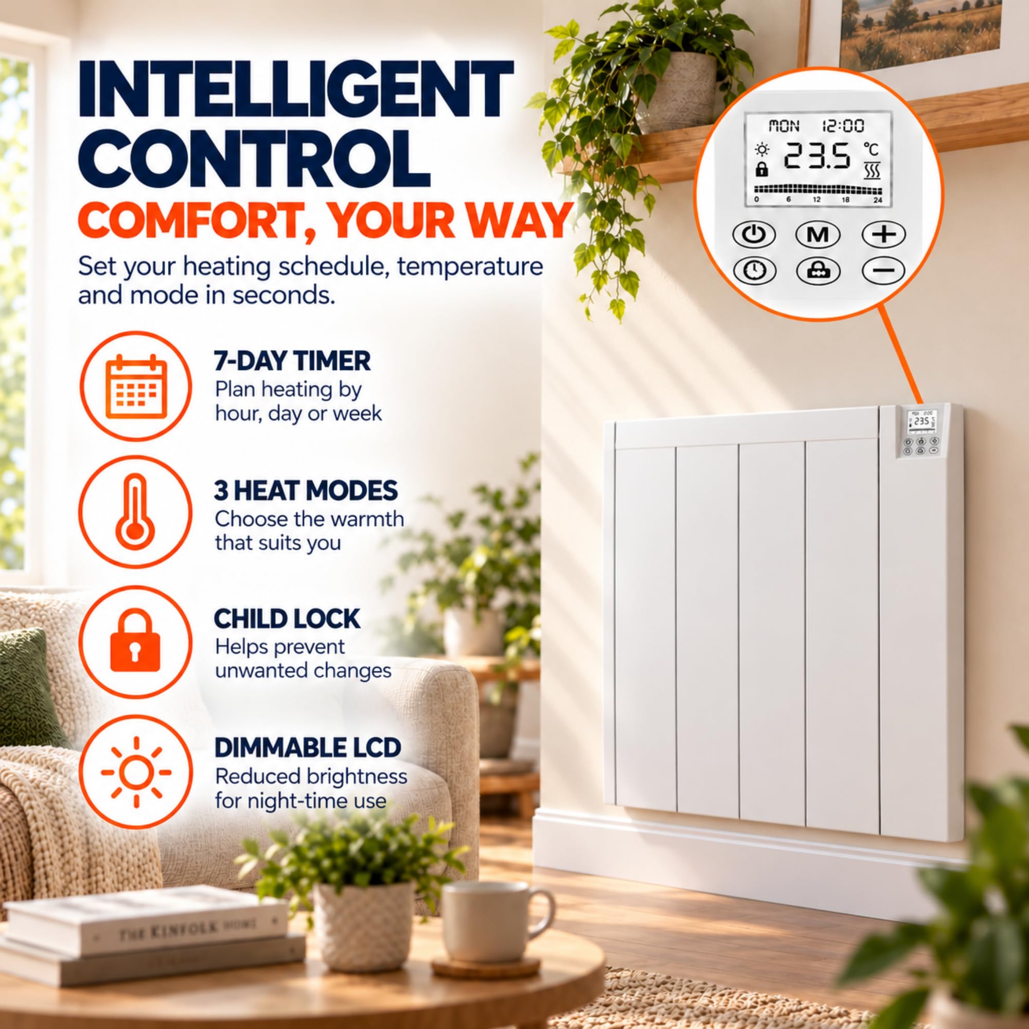 MYLEK,Radiatore elettrico a pannello in ceramica, con timer digitale programmabile da 1000 W, montaggio a parete, in alluminio, sottile, IP24, LOT 20, risparmio energetico (1000 W)
