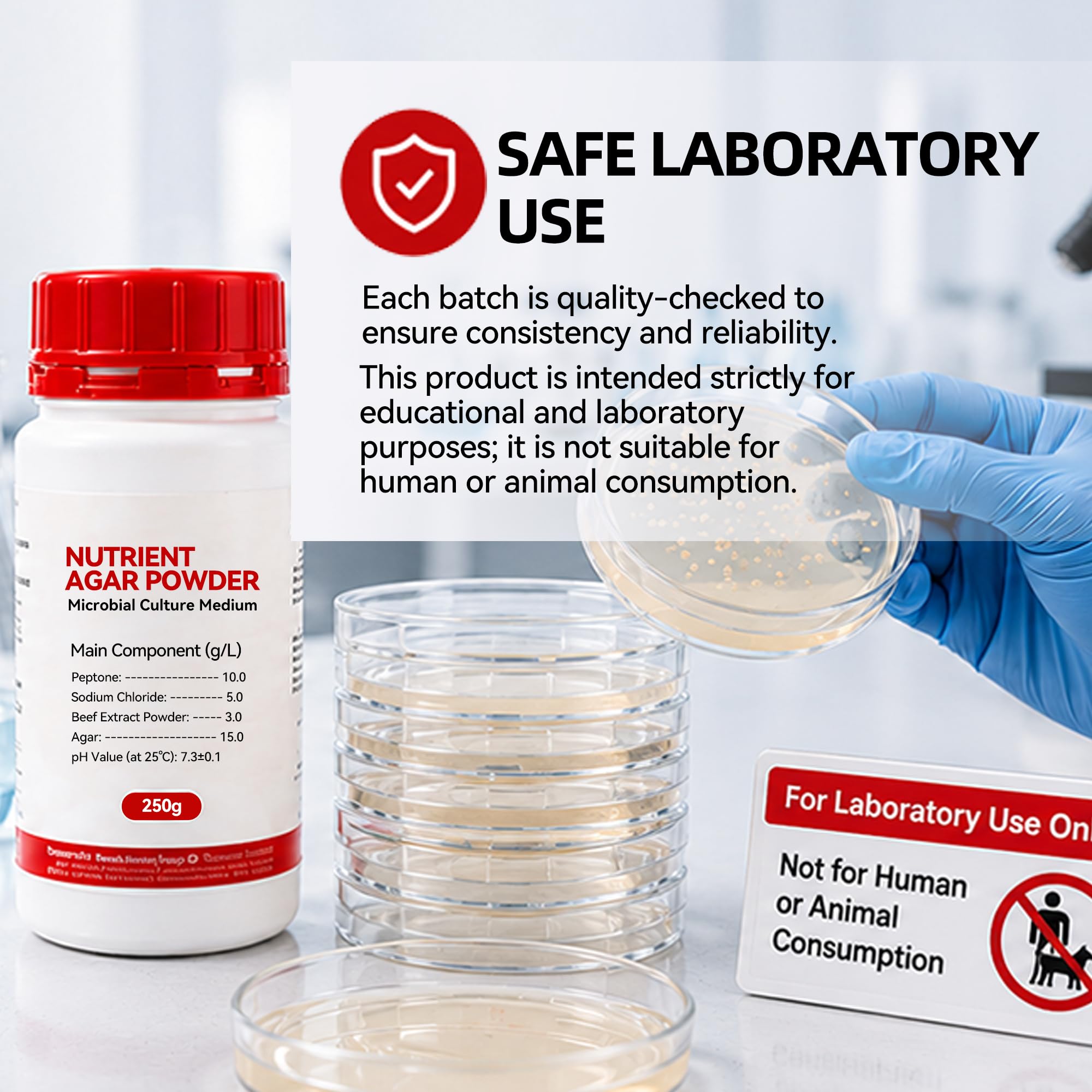 Polvo de agar nutriente 250 g, rendimiento 350-500 platos de Petri | Medio de cultivo de alta calidad para microbiología, proyectos de feria científica y experimentos de laboratorio