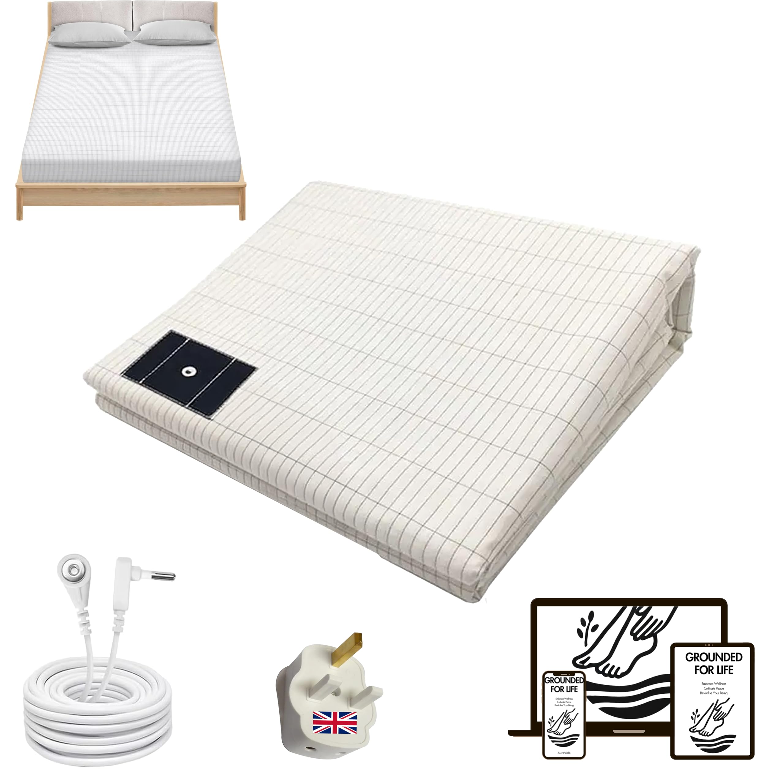 AuraVida Grounding Bed Sheet for Double Bed - Grounding Sheet 95% Cotton, 5% Conductive Silver Earthing Bedsheets - Enhance Sleep & Wellness Grounding Mat - Durable Soft Bedsheet (137x190cm)