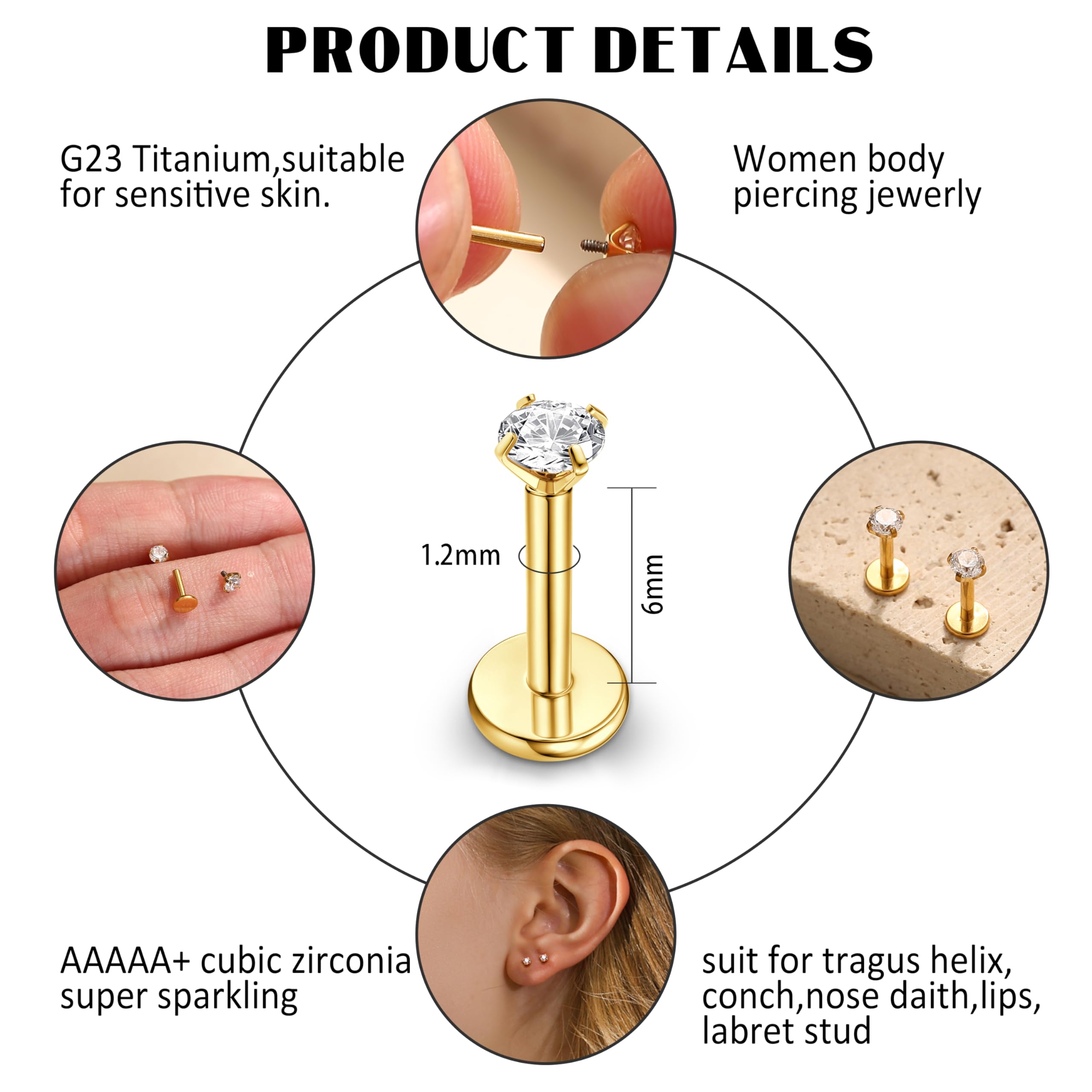 Adramata 2Pcs G23 Titanio Labret Roscado Interno Piercing Labio Monroe Medusa CZ Pendiente Nariz Helix Tragus Oro Plata Oreja