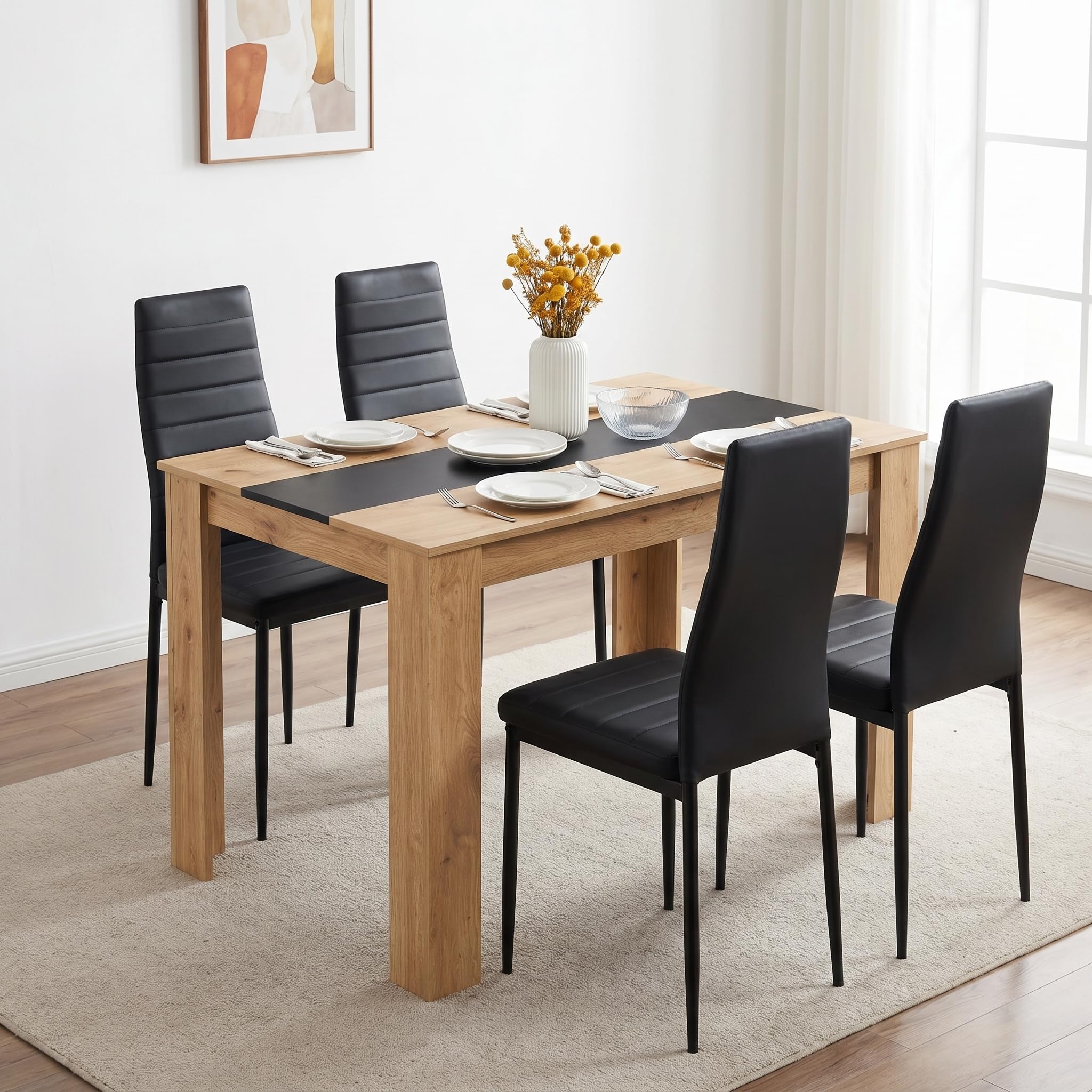 Ensemble 1 Table et 4 Chaises, Table a Manger:110x70x75cm, Chaise:40x39x98cm, Table Rectangulaire 110cm (MDF Épais), Chaises Similicuir Noir, idéal pour Salle à Manger, Cuisine et Salon