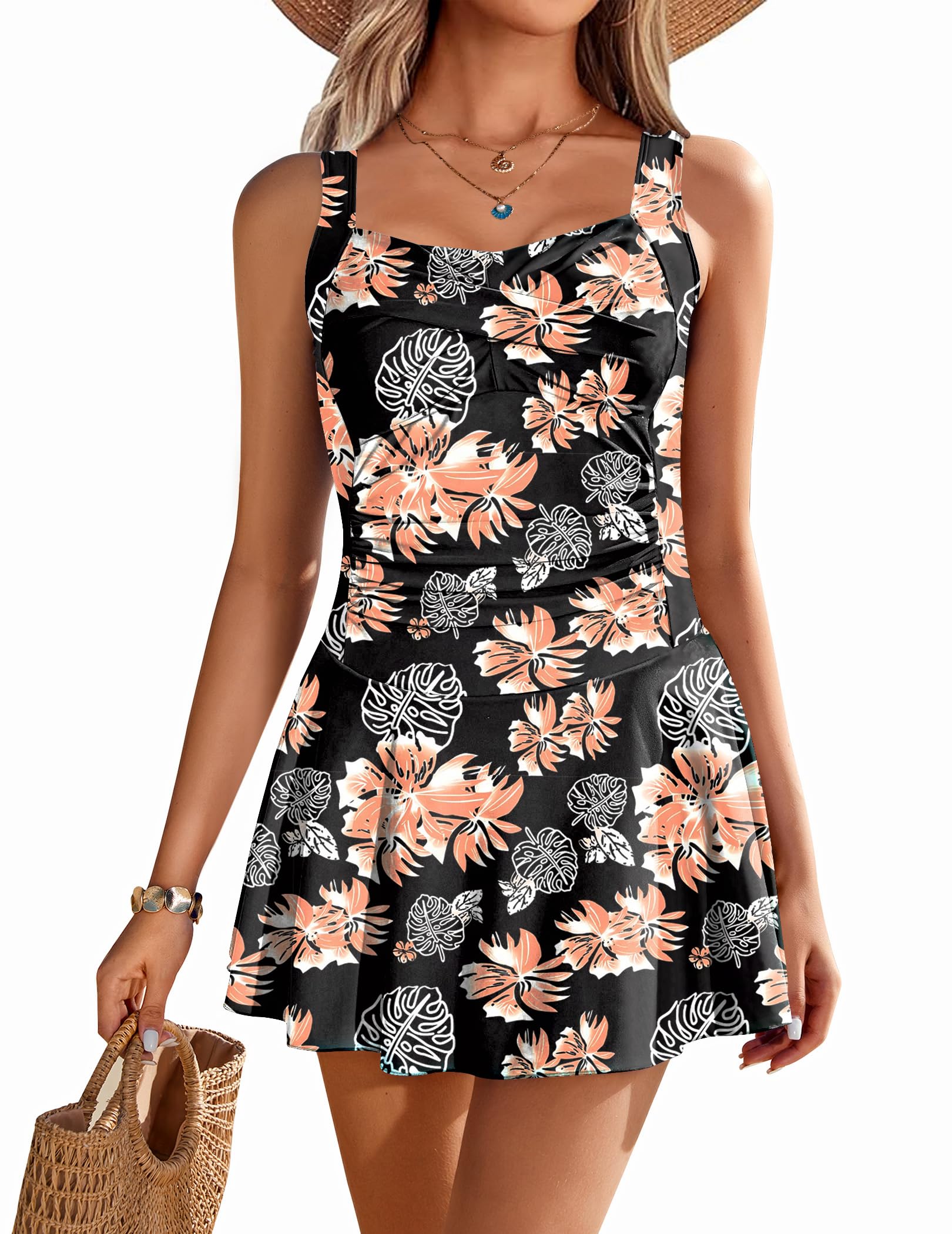 Swim Dress One Piece Bathing Suit Skirted Swimsuits for Women Ruched Retro Swimwear S-XXL-image-35