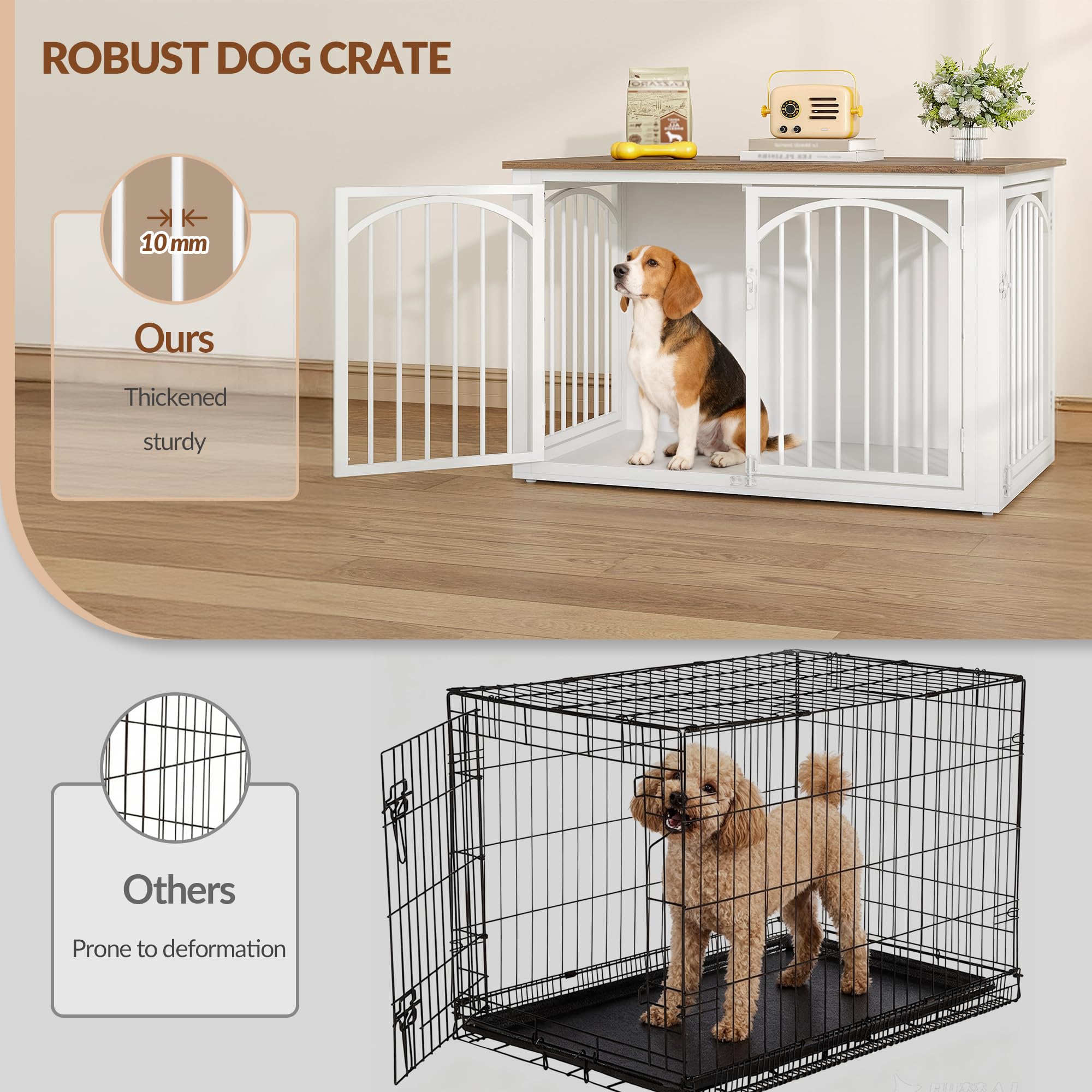 Cage pour Chien, 100cm Meuble Cage Chien et 4 Portes, Cages Bois pour Chiens, Table d'appoint, pour Chiens de Taille Moyenne à Grande, Niche D'intérieur, 100 x 60 x 63 cm, Marron et Blanc
