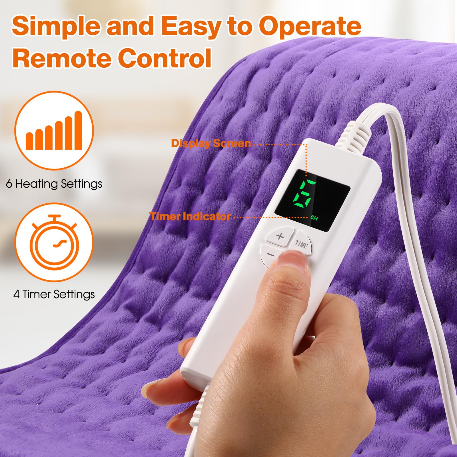 Termoforo Elettrico OneAmg 126x30cm Termoforo Lombare con 6 Livelli di Temperatura e Spegnimento Automatico Riscaldamento Rapido Lavabile Cuscino Termico Elettrico Per Schiena Spalle Addome Violetta