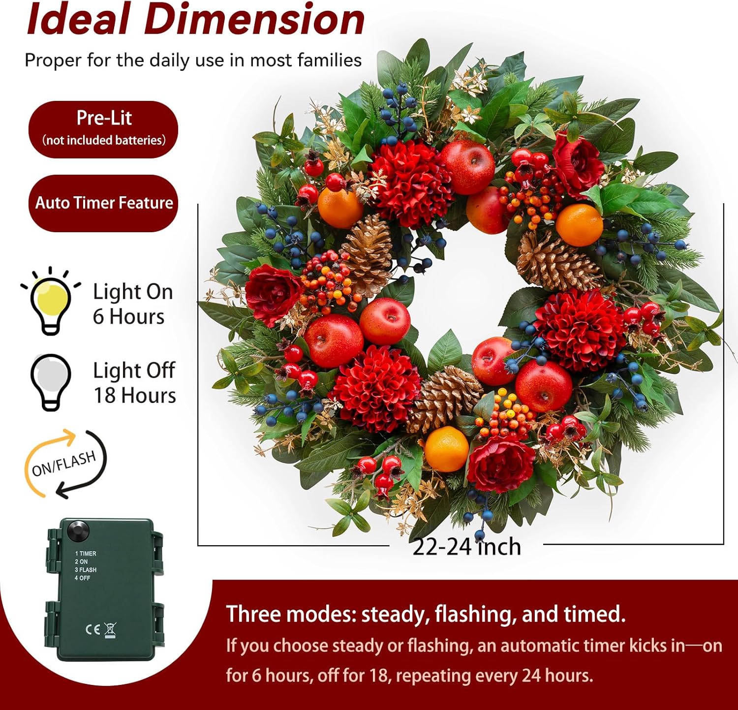 Christmas Wreaths for Front Door with Lights 24 Inch Christmas Wreath with Red Flowers, Apples, Oranges, Pine Cones, Berries and Greenery – Holiday Wreath Front Door Indoor Outdoor Winter Décor