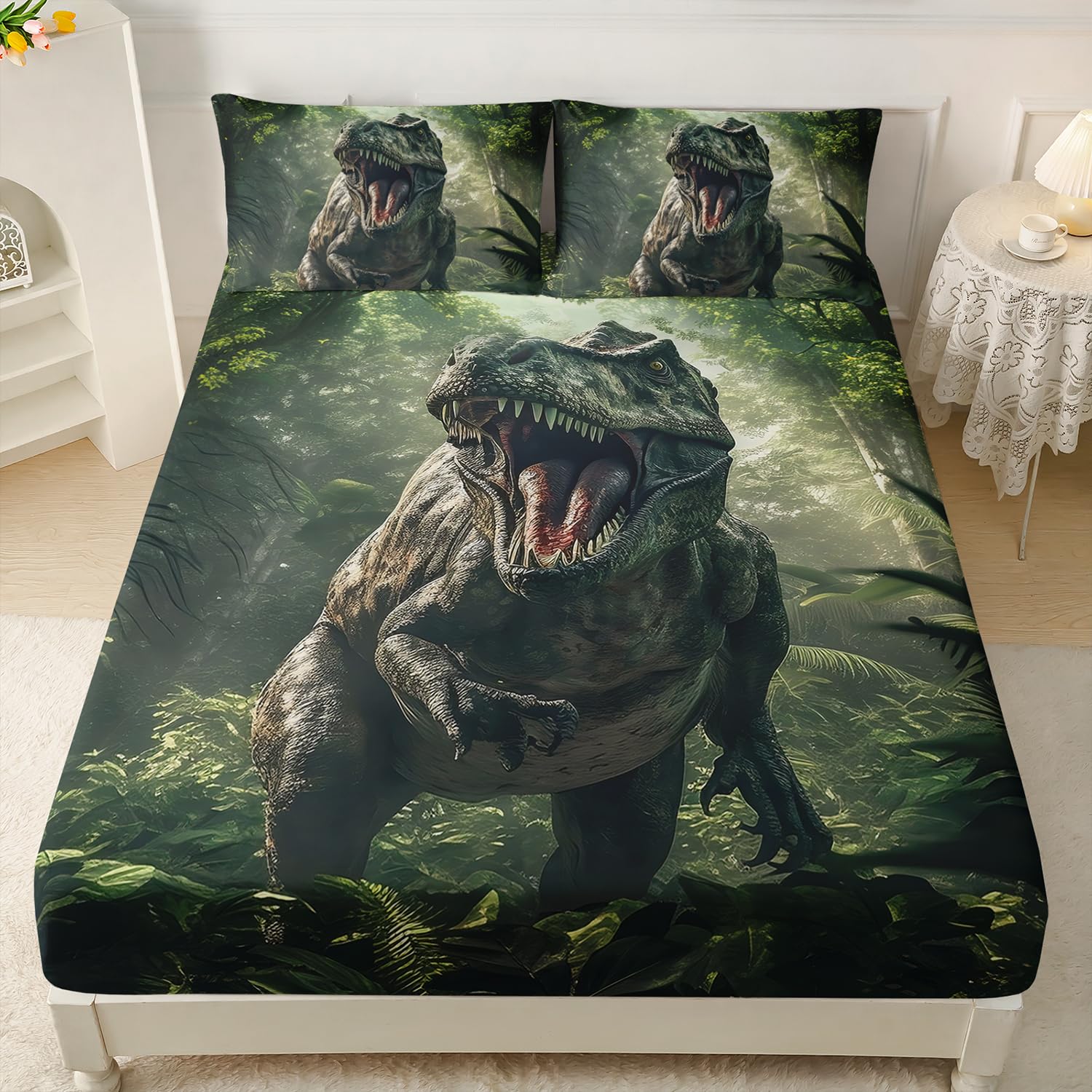 AILONEN 3D Realistic Dinosaur Fitted Sheet Set Twin Size, Tropical Wildlife Bedding Set for Boys Teens Kids,Ancient Dino Animal Bedsheets Set,3-Pieces,1 Sheet Set + 2 Pillowcases,Soft,Breathable