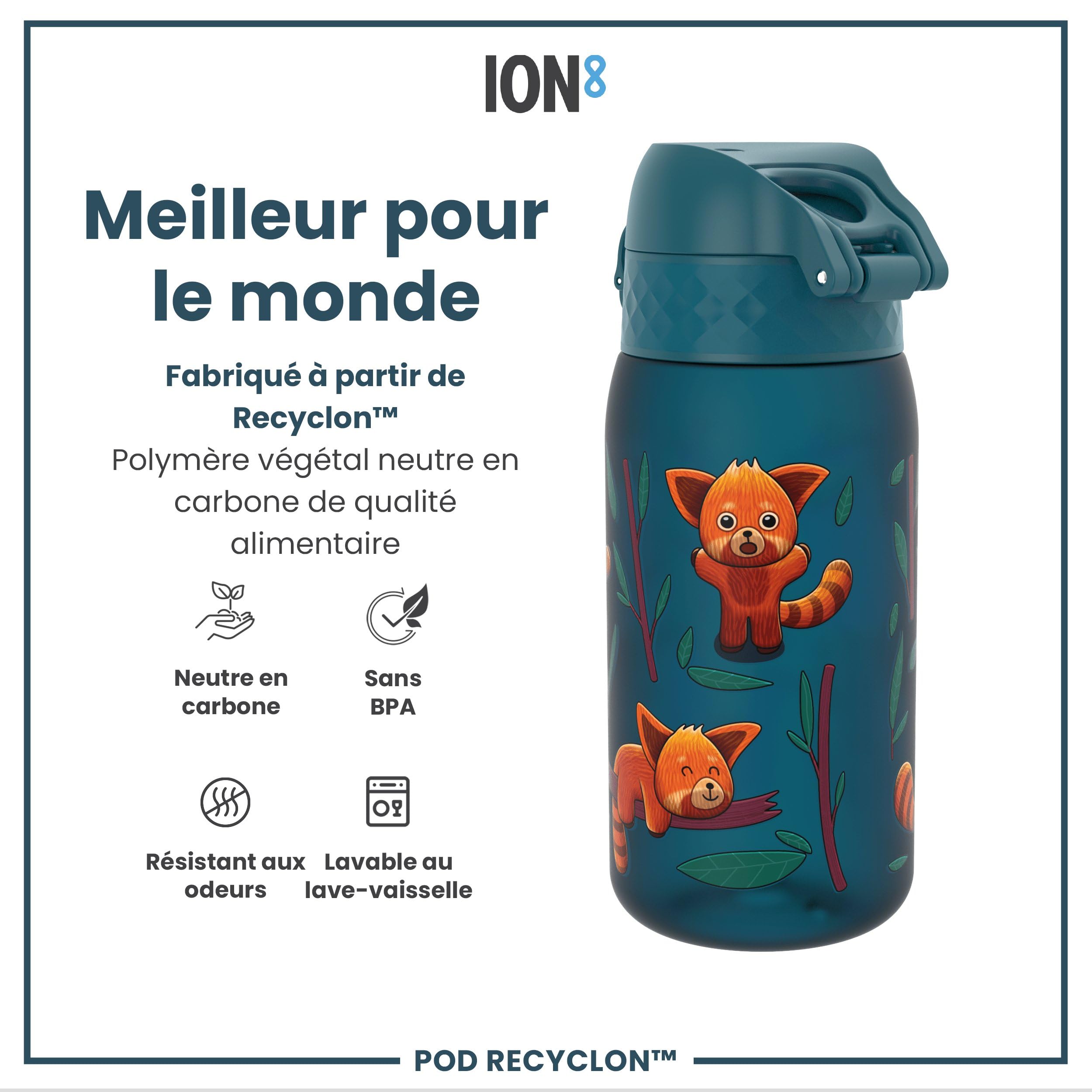 Ion8 Gourde Enfant, 350ml, Anti-Fuite, Facile à Ouvrir, Verrouillage Sécurisé, Lavable en Lave-Vaisselle, Sans BPA, Poignée de Transport, Facile à Nettoyer, Carbone Neutre, Pandas Roux