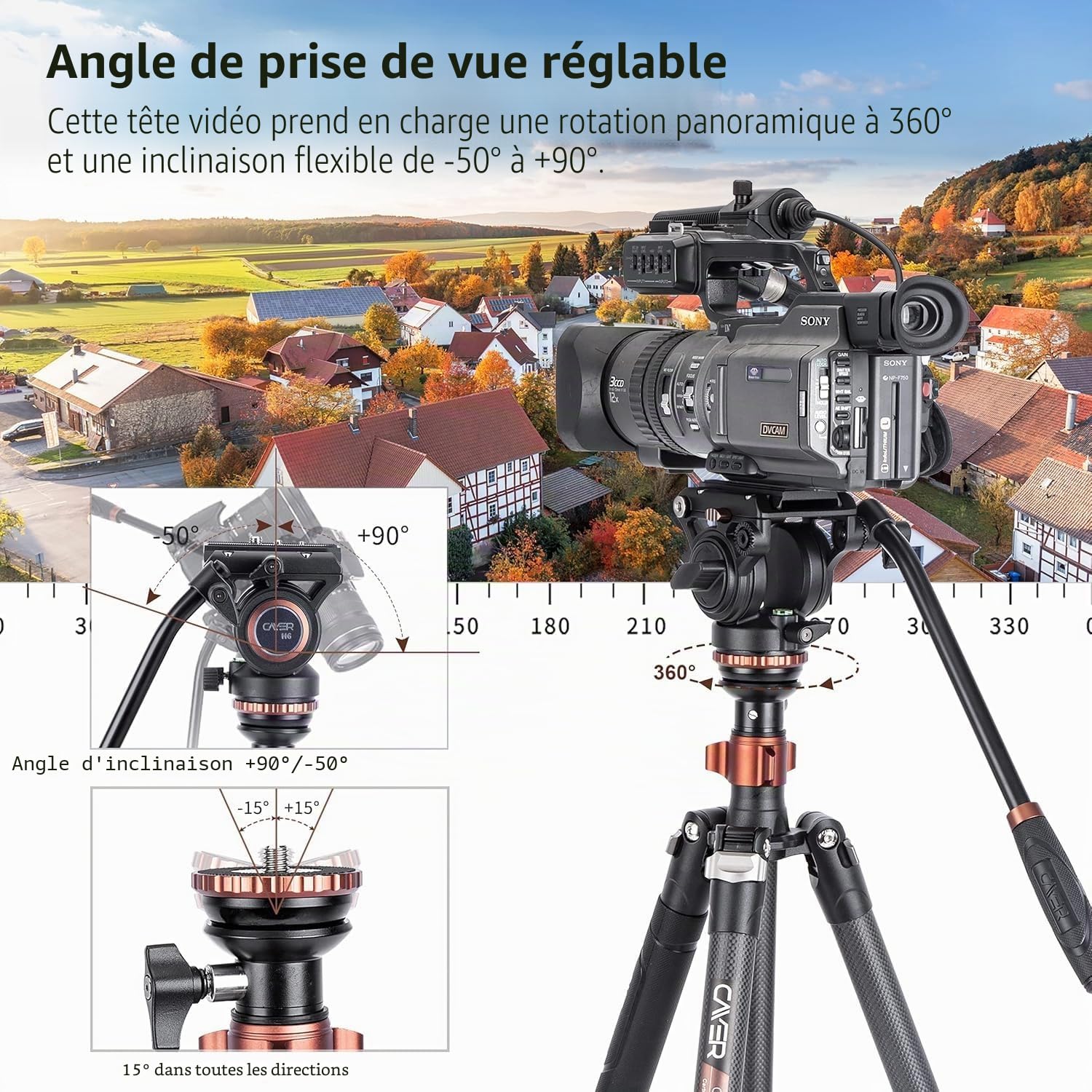 Cayer CF2451 Trépied vidéo 67 Pouces en Fibre de Carbone avec tête de traînée Fluide, trépied DSLR Compact à 4 Sections Convertible en Monopode, pour Appareil Photo Reflex numérique Canon Nikon Sony