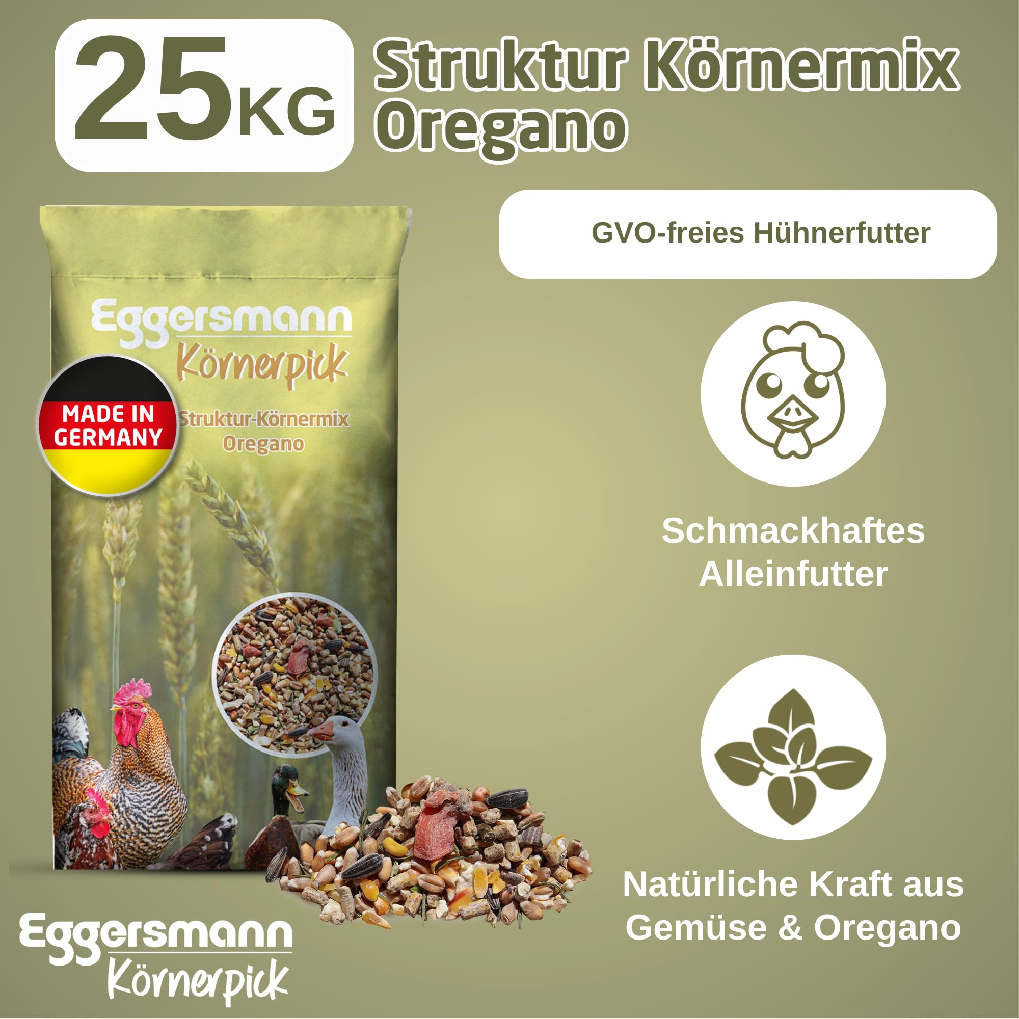Eggersmann Körnerpick 25 kg Hühnerfutter - Struktur Körnermix Oregano - Hühner Körnerfutter Basic Geflügelfutter - Premium Körnermischung für Hühner Gänse und Enten