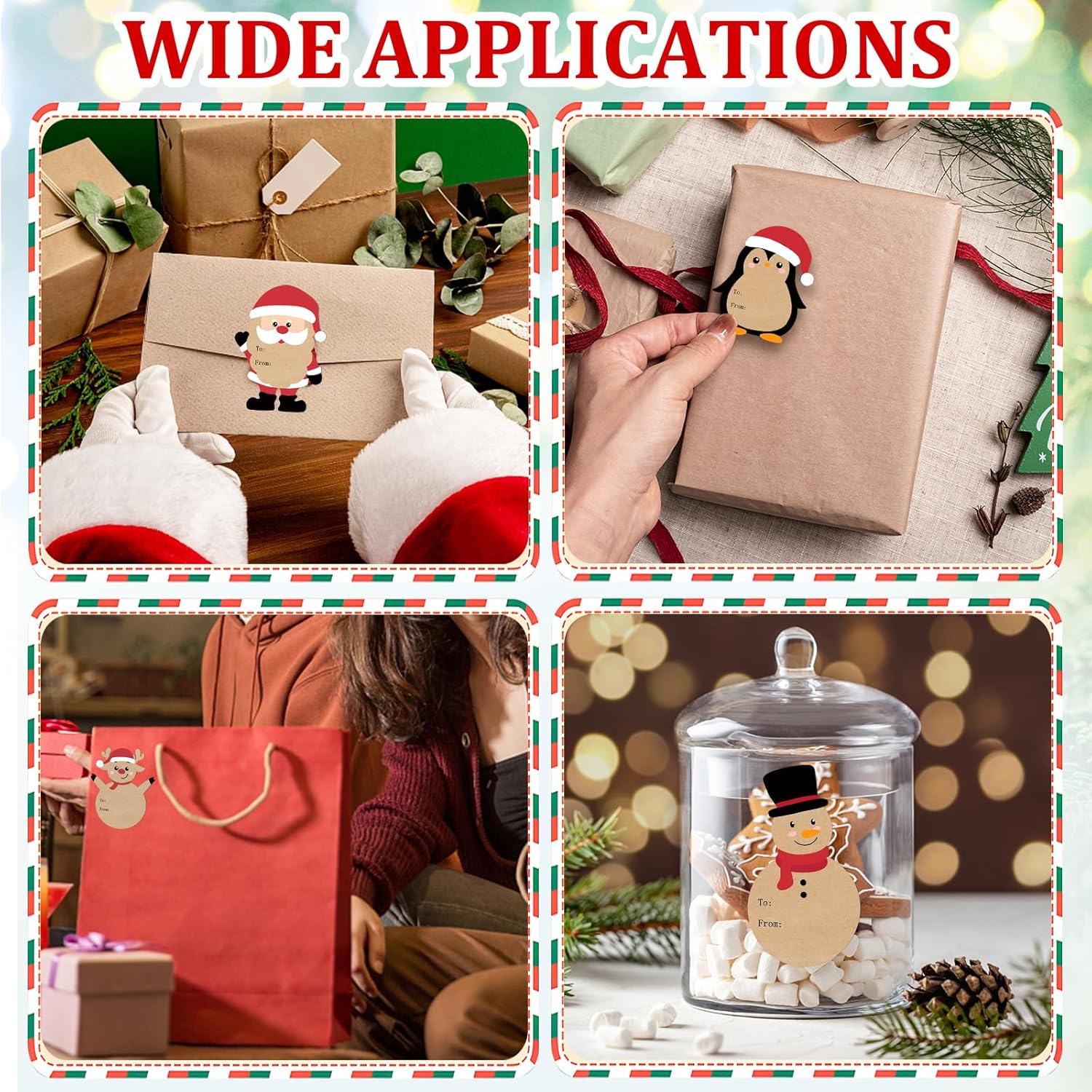 Christmas Gift Tags Stickers, 96Pcs Christmas Gift Labels Xmas Gifts Name Tags for Wrap Presents Boxes Decoration, 2 x 3 Inch, Self-Adhesive Natural Kraft Paper Stickers Santa Claus Snowman Sticker - Image 4