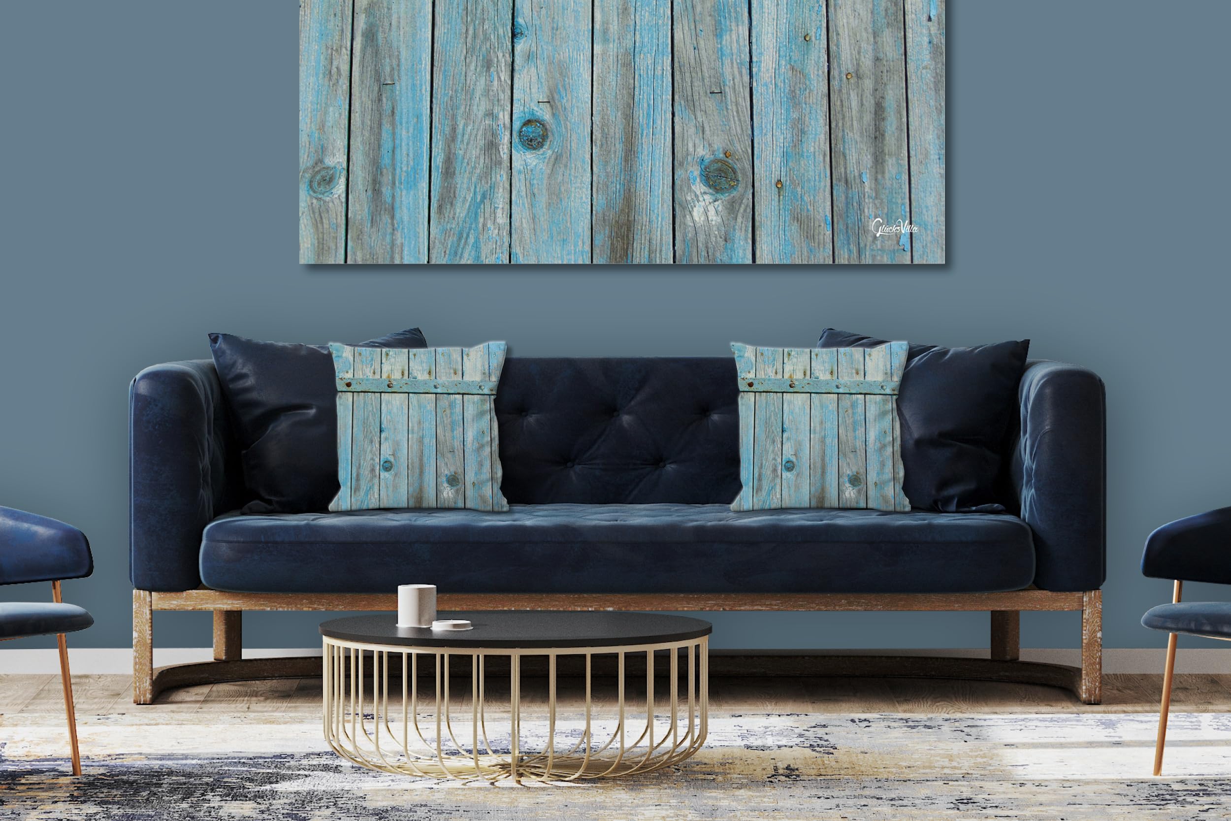 Hinter der Tür - Foto-Kissen-Hülle Set (2 STK.) 40 x 40 cm | Kissen-Bezüge - passend zu Wandbild - Deko-Kissen - Holz Tür Struktur blau