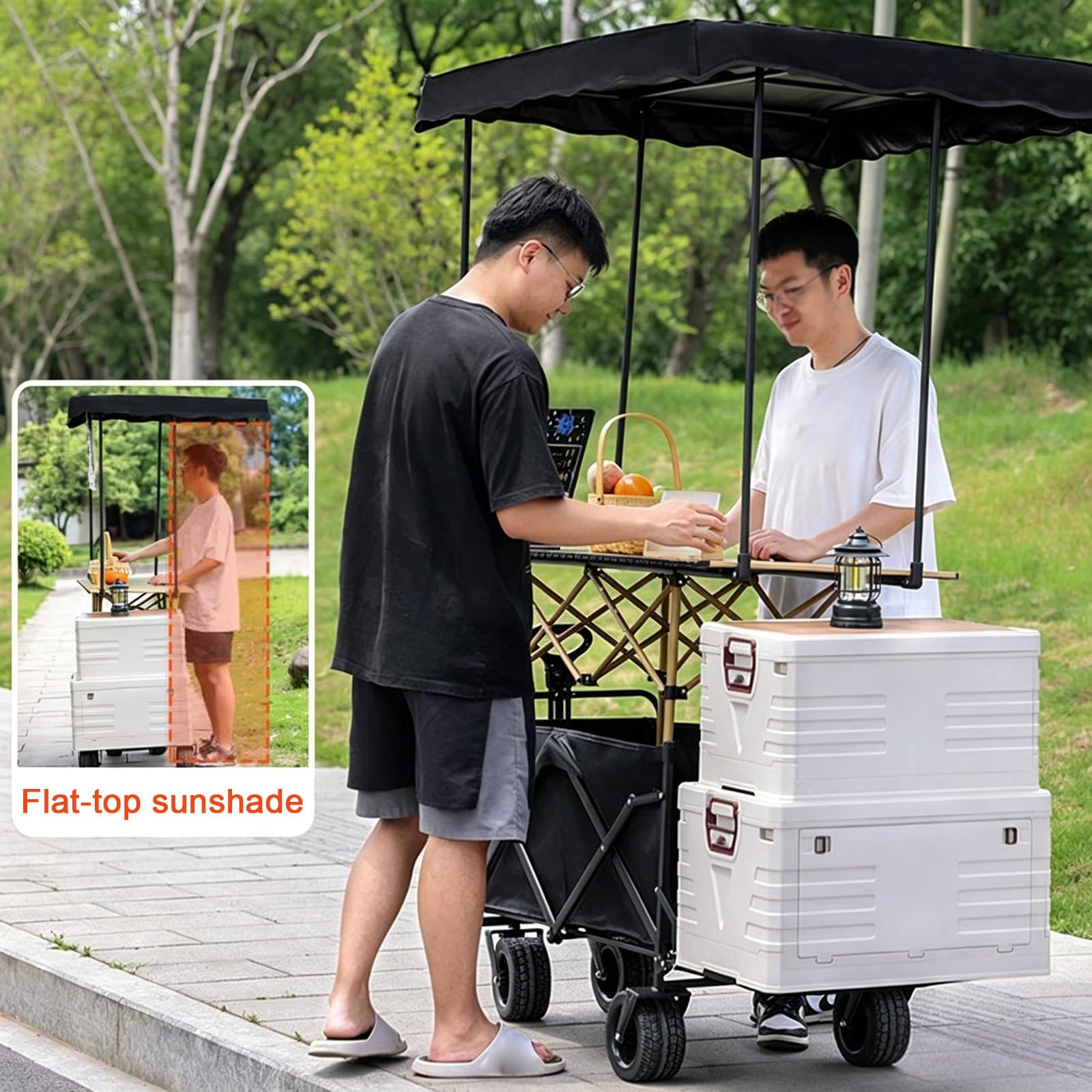 Carrello del venditore all'aperto per il mercato degli agricoltori, pieghevole con baldacchino, ruote e asta di trazione per cibo da strada ed eventi
