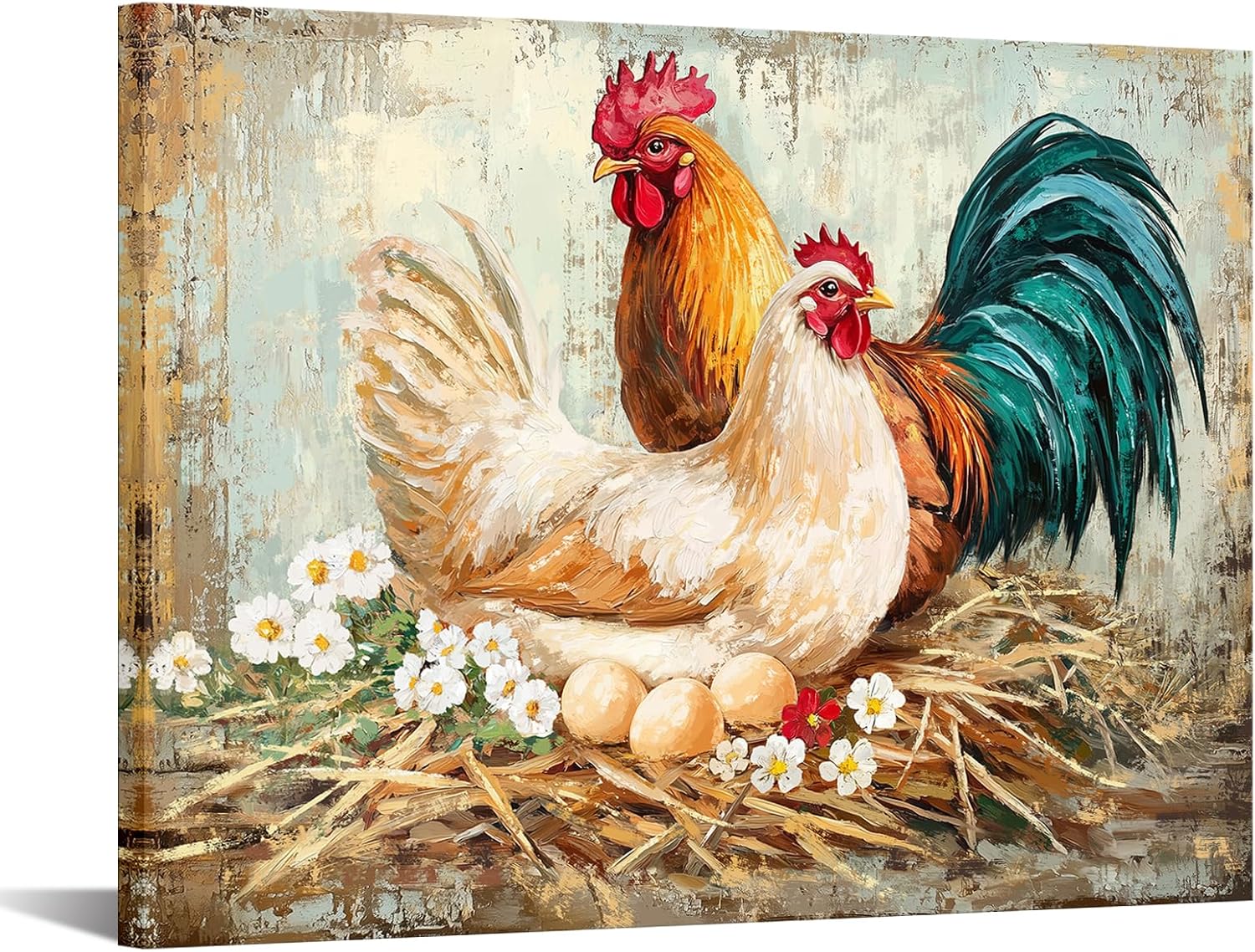 KREATIVE ARTS Farmhouse Chicken Picture Canvas Wall Art for Kitchen Dining Room Rustic Rooster with Fresh Eggs Framed 24x32 Inch Hen and Hatching Chicks Painting Ready to Hang
