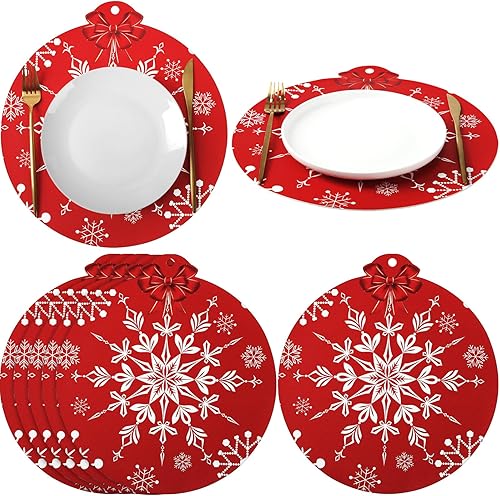 Juego de 6 manteles individuales redondos de Navidad, tapetes individuales de cuero con copos de nieve de 14 pulgadas, manteles individuales