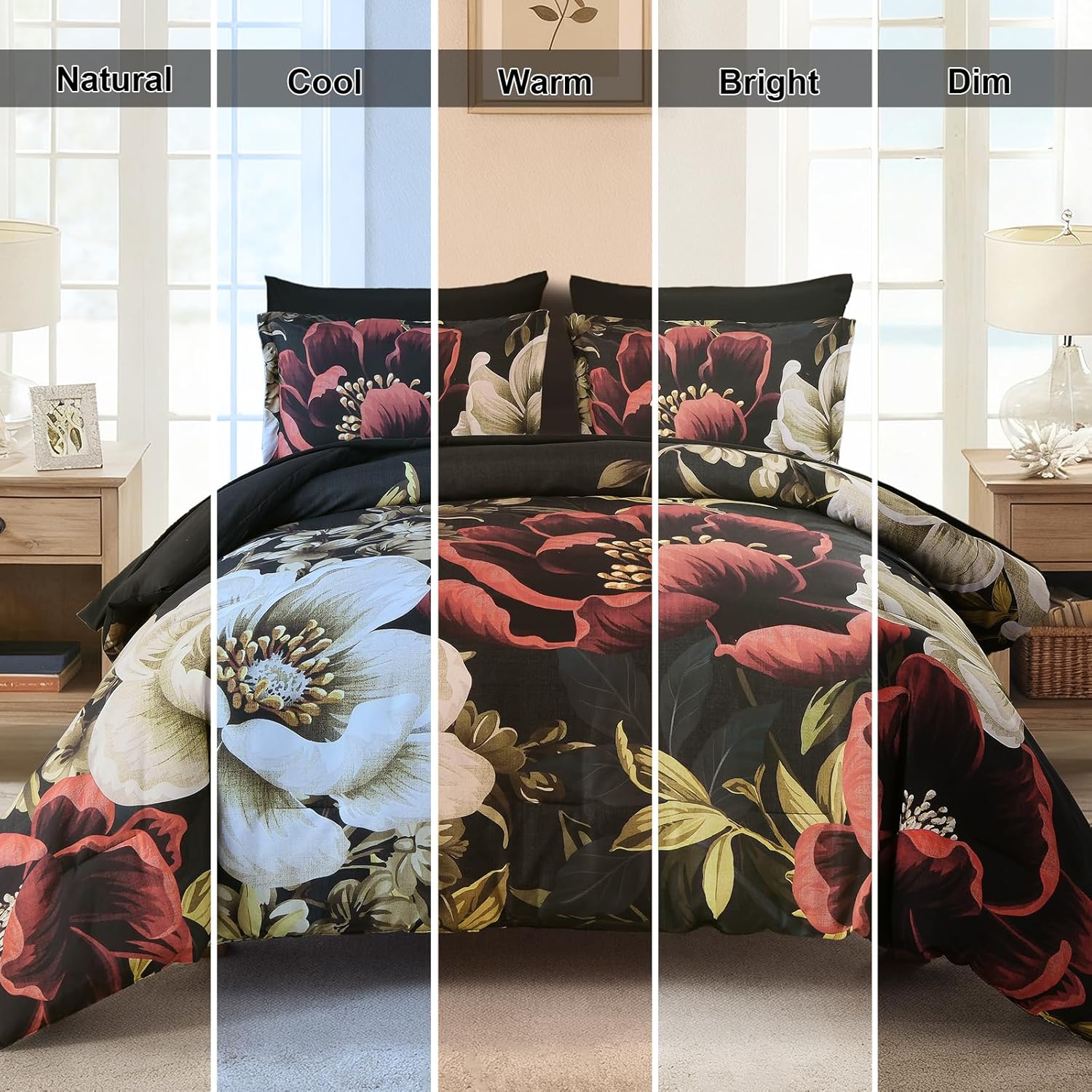 Dintszyayue Black Comforter Set Queen Size, 7 Pieces Floral Bed in a Bag Set, Texture Red Flower Bedding Sets, Soft Microfiber for All Season with Flat Sheet Fitted Sheets Pillowcases and Shams - Image 5