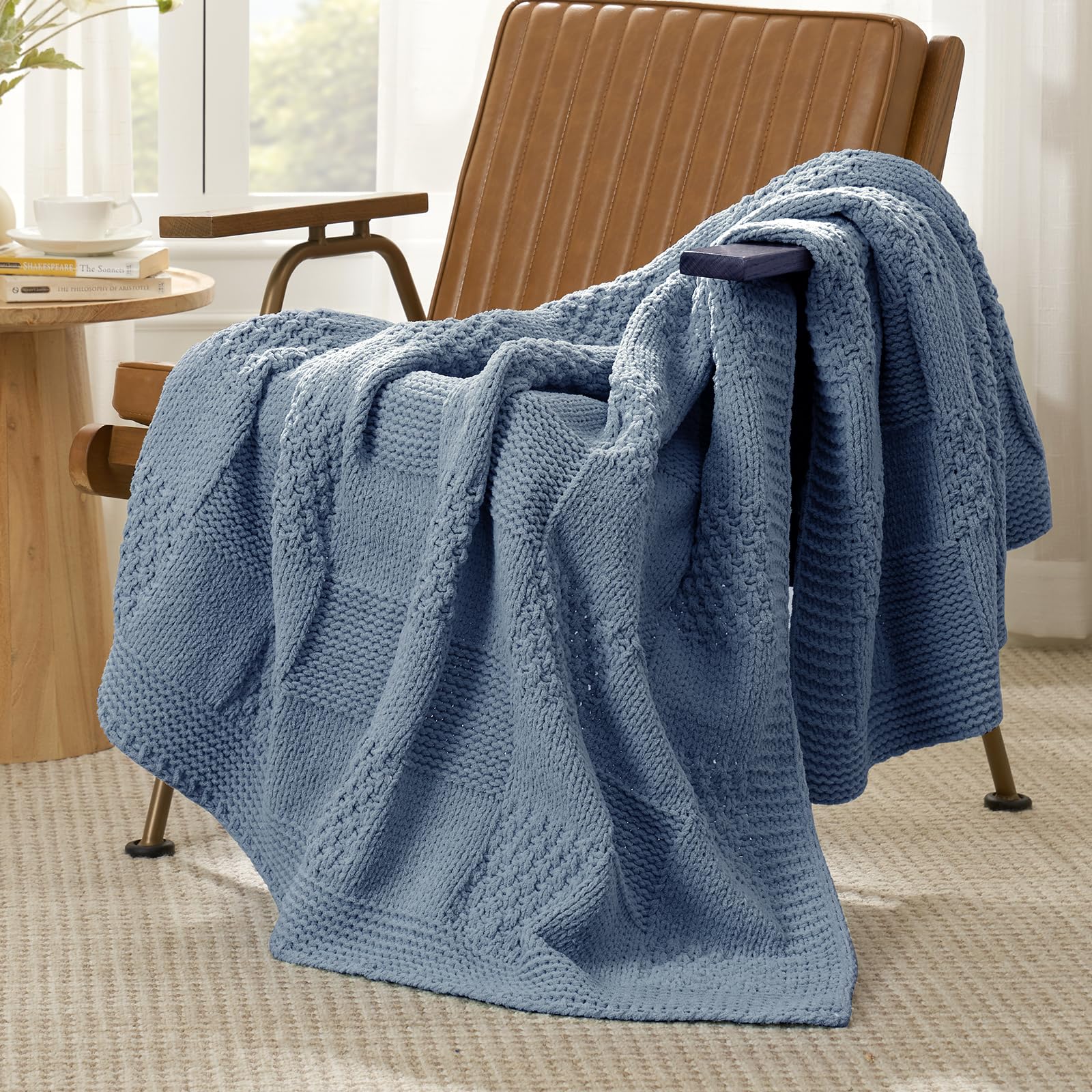 Amélie Home Checkered Knit Throw Blanket for Couch, Washed Blue, 50"x60"