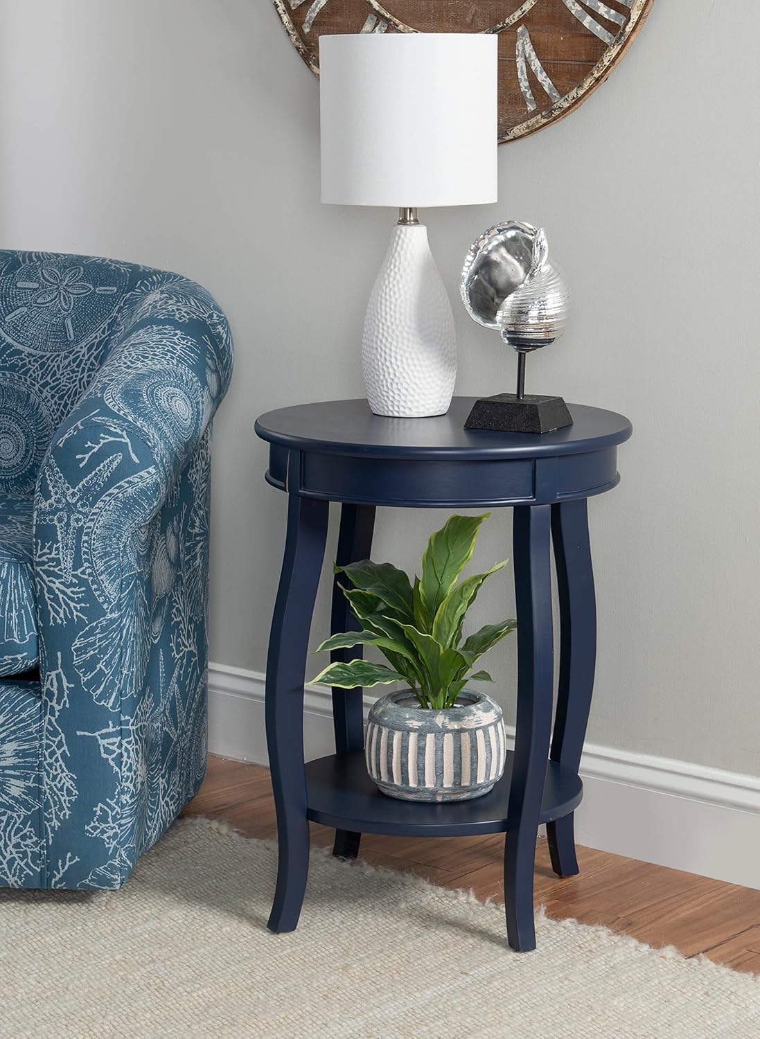 Powell Phipps Navy Blue Round Side Table with Shapely Legs and Shelf