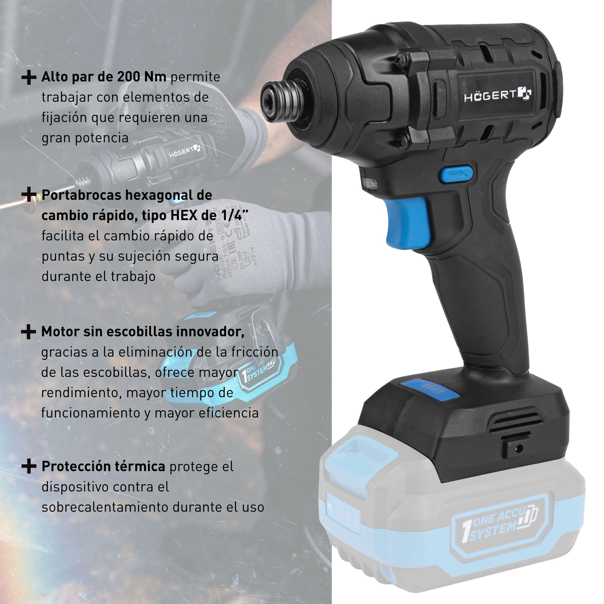 HÖGERT TECHNIK Juego de destornilladores de impacto inalámbricos, 18 V, 200 Nm, par de torsión, batería de 4,0 Ah, cargador de 4 A, maletín, motor sin escobillas, iluminación LED, protección contra