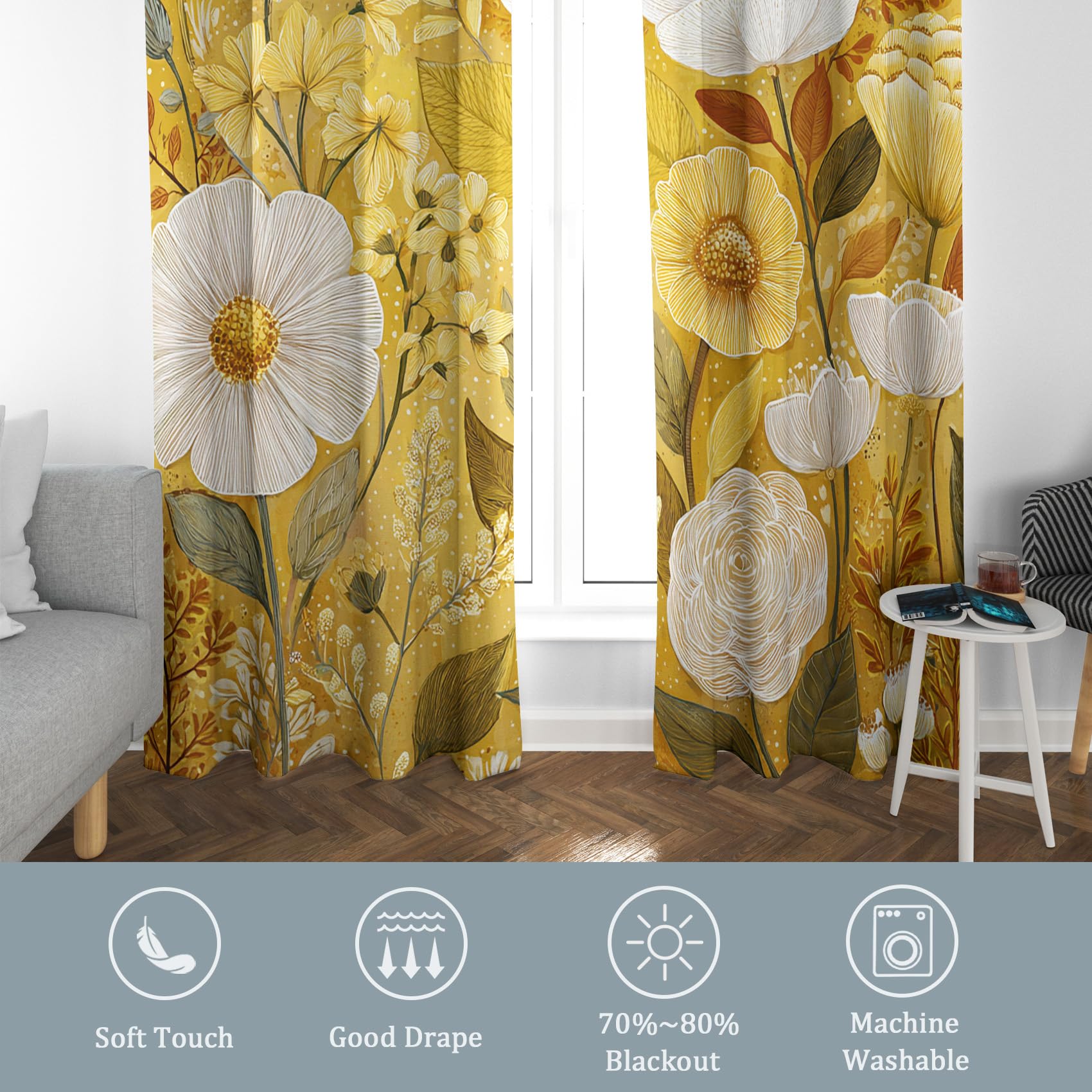 Blumenmuster Vorhänge Mit ösen Blickdicht, Gold Gelb Blumen Vorhang Schlafzimmer Wohnzimmer Küche 140 x 260 cm Lang, Übergardinen Innen Verdunklungsvorhänge