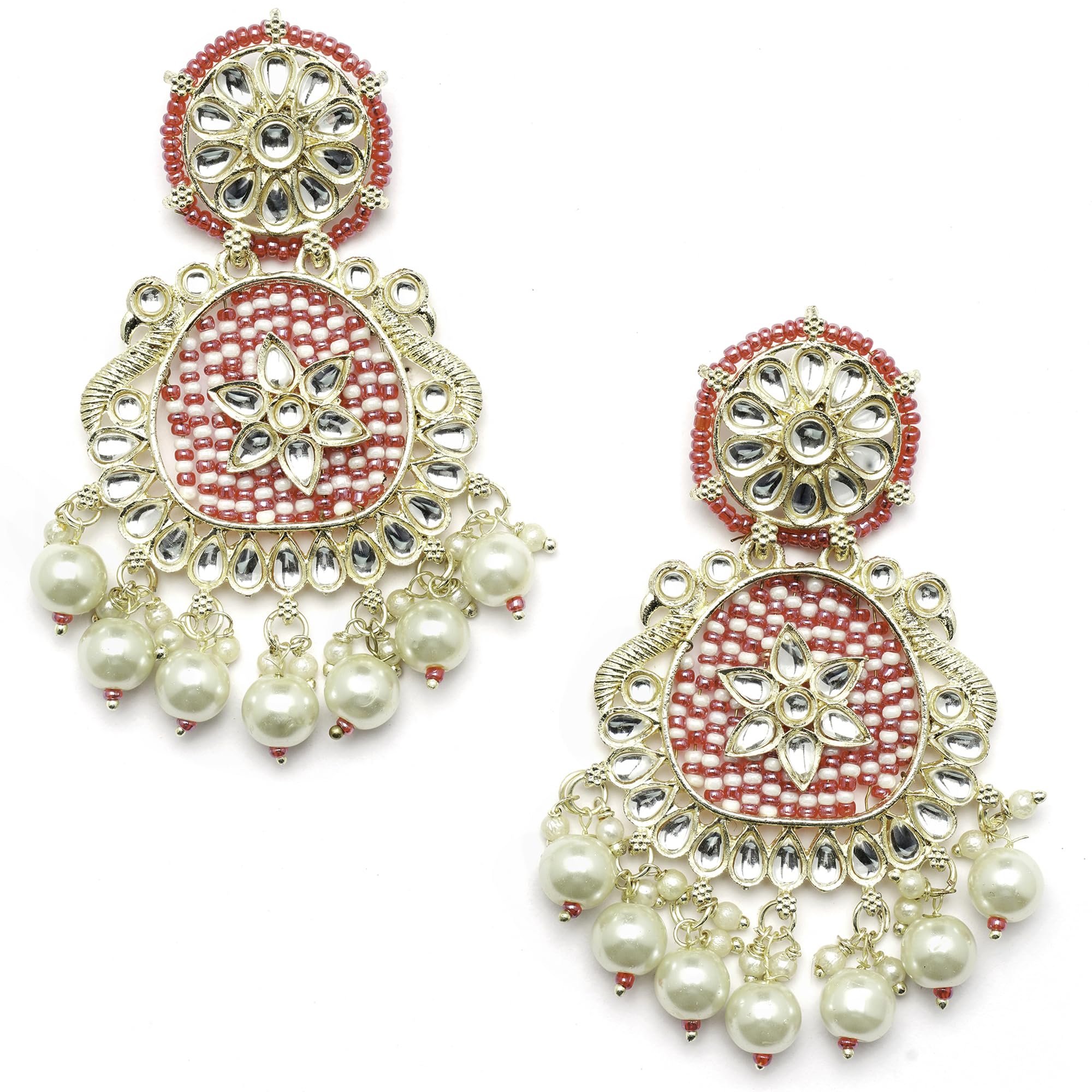 ZENEME Gold-Plated Beads Pearls & Kundan Studded Handcrafted Peacock Shaped Drop Earrings For Girls and Women (Red) (B0CGD33PNJ) Amazon Price History, Amazon Price Tracker