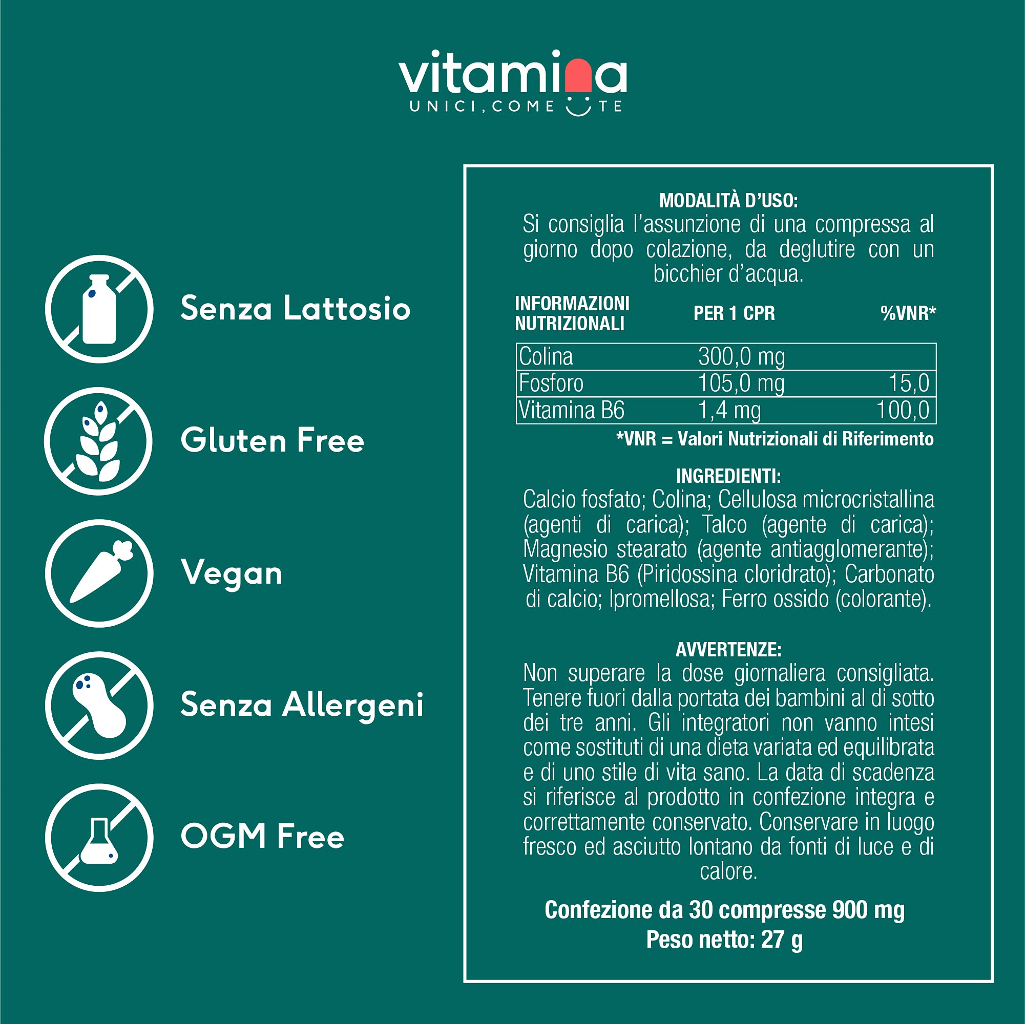 Colina e Fosforo | + Vitamina B6 | Integratore per Concentrazione, Mente, Memoria | 30 compresse, un mese | senza OGM, Glutine e Lattosio | Portapillole Omaggio | Prodotto in Italia | Vitamina®