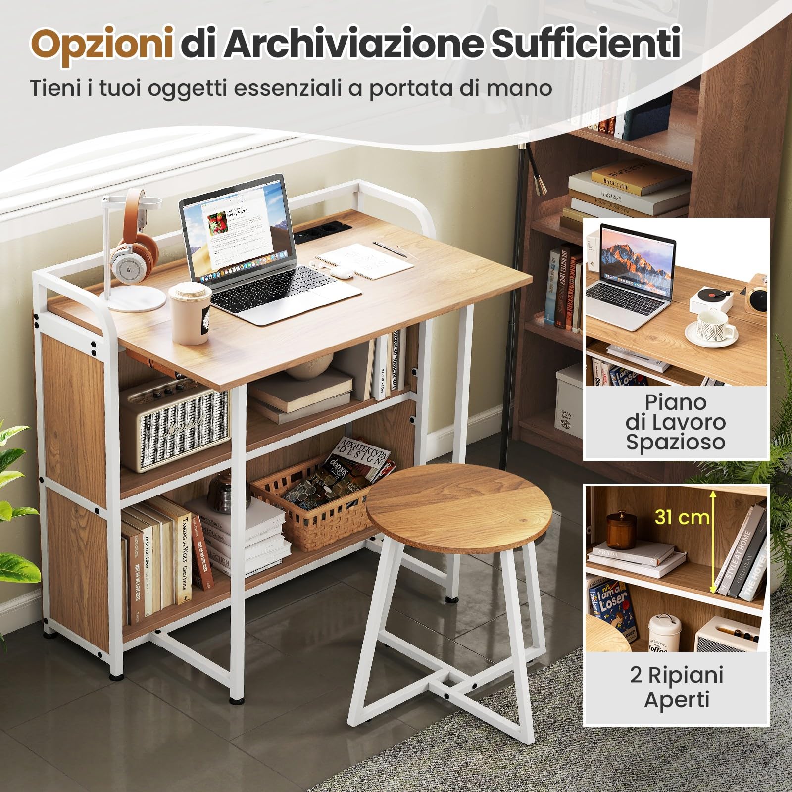 COSTWAY Scrivania Pieghevole con Sgabello, Scrivania Portatile con Scaffale e Stazione di Ricarica, Tavolo da Scrittura con Sedia per Studio e Ufficio (Naturale)
