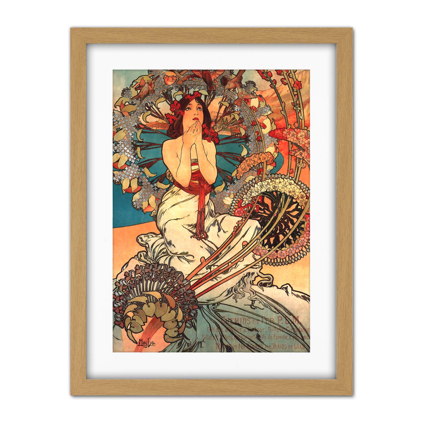 Wee Blue Coo Mucha Art Nouveau Woman Floral Artwork Framed Wall Art Print 18X24 Inch
