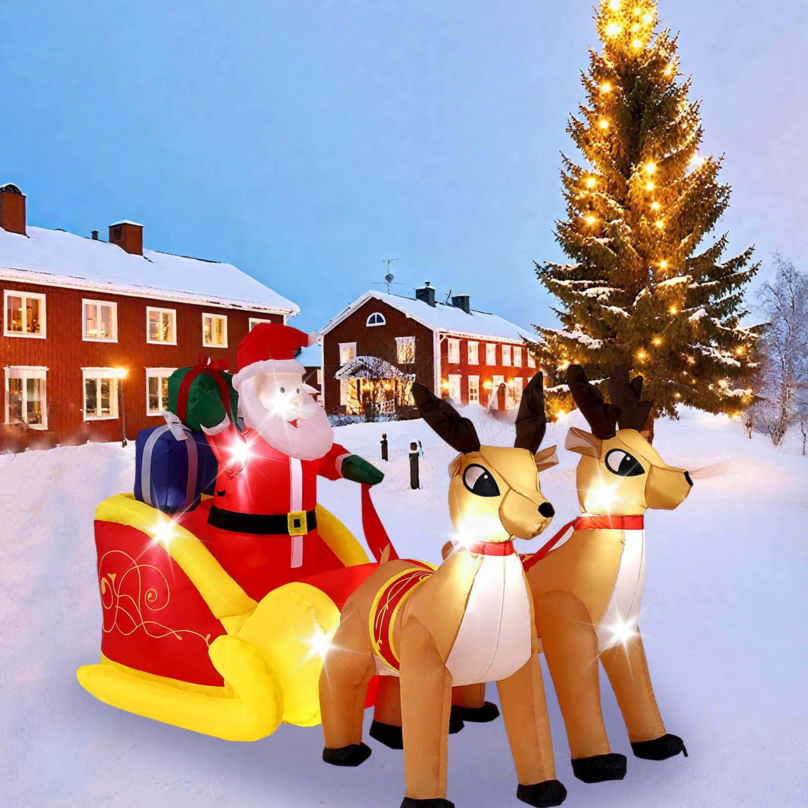 Papá Noel inflable trineo y renos iluminación LED decoración Navidad al aire libre fiesta luminoso personaje, 220 x 110 x 130 cm