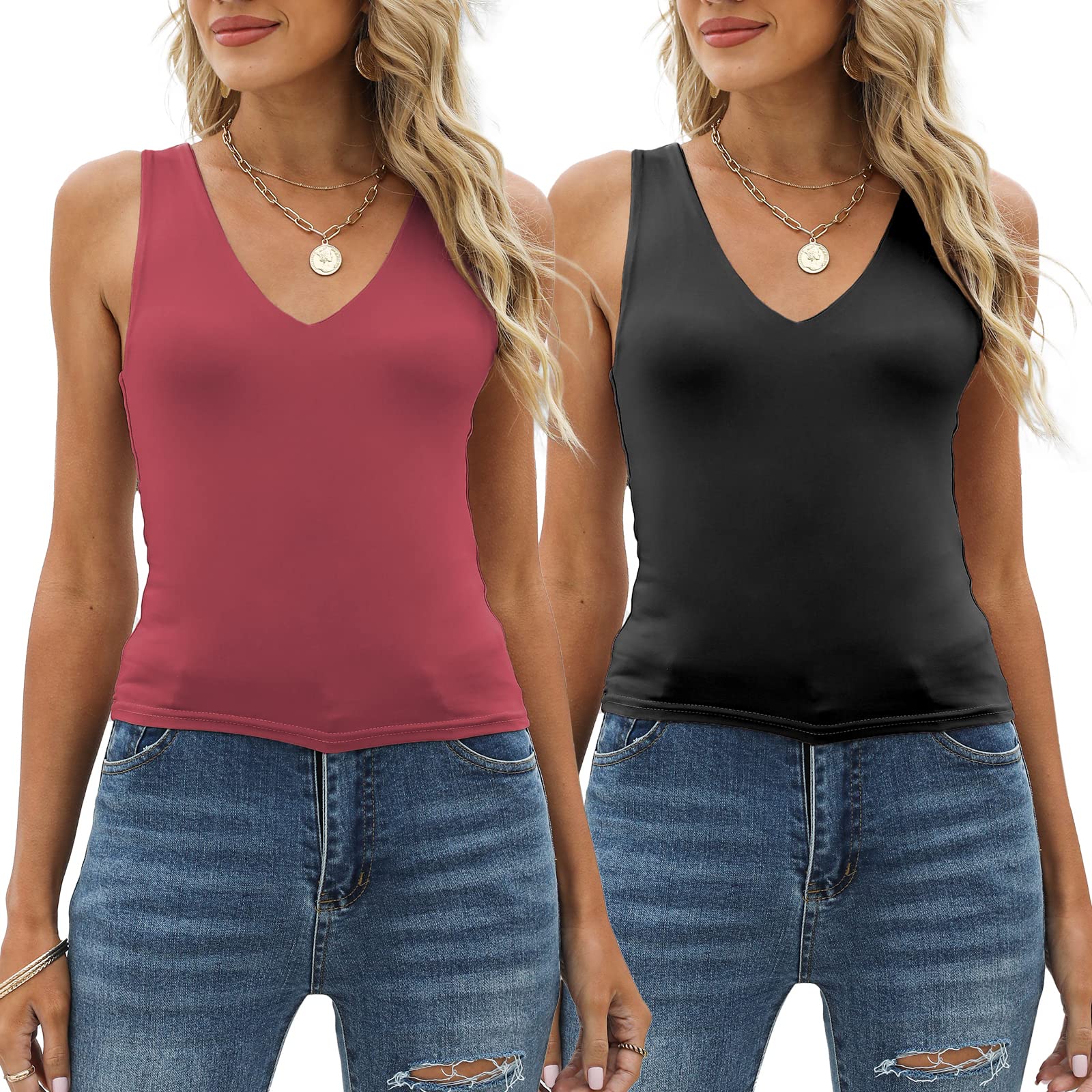 Amilia Women's 2-Pack Basic Solid V Neck Sleeveless Double Layer Crop Tank Tops Undershirt Casual Tunic Pullover Shirts