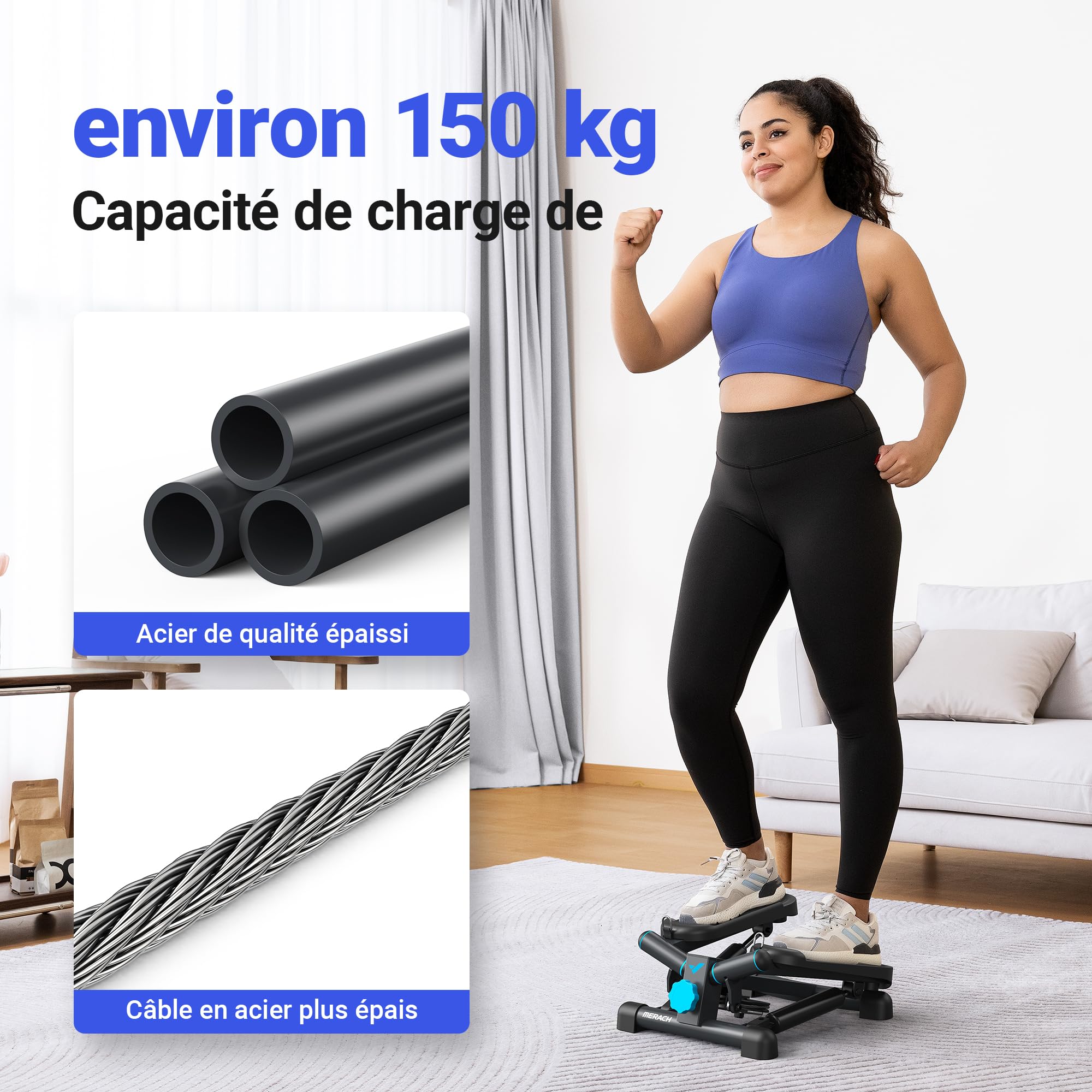 MERACH Stepper 2 en 1 pour la Maison, Silencieux 150 kg avec Écran LCD, Fitness avec Cordes de Puissance