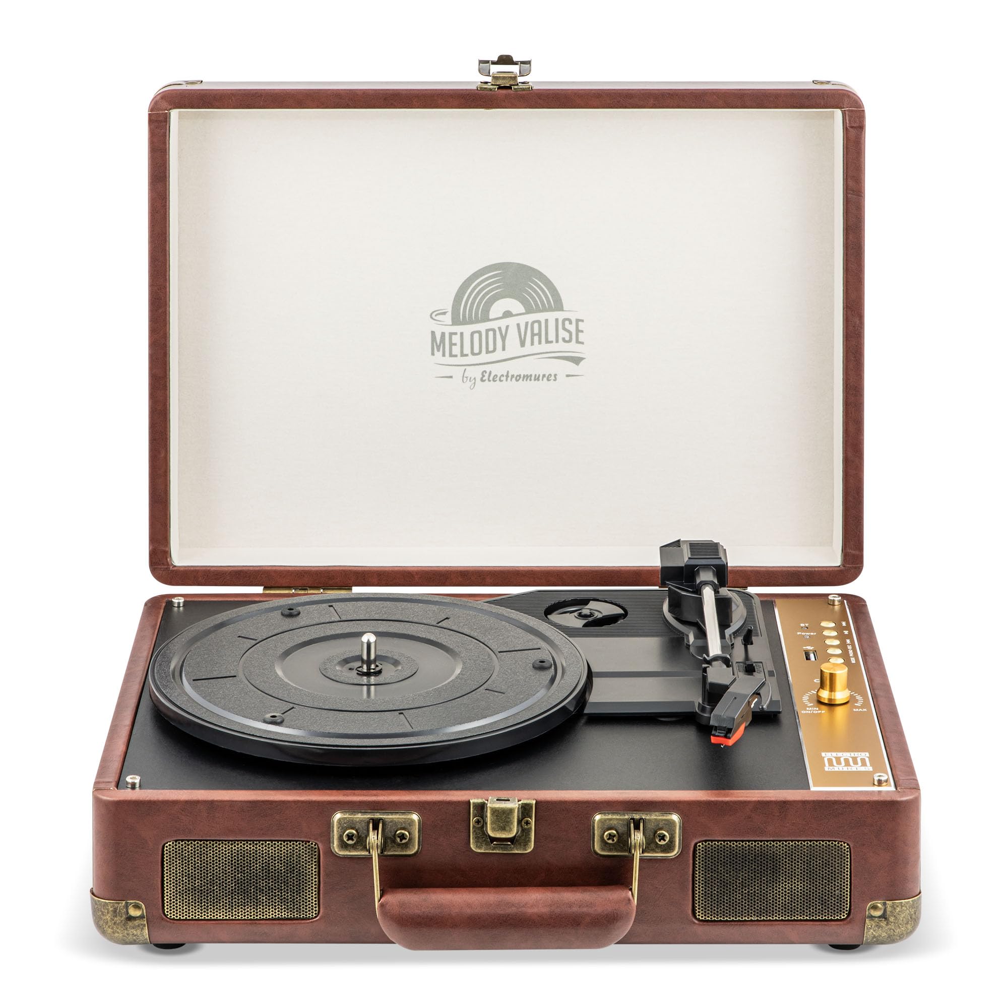 EM 1026 Braun, Retro Plattenspieler mit Bluetooth, Koffer-Schallplattenspieler mit eingebautem Akku, integrierte Stereo-Lautsprecher, Saphirnadel, 3-Gang 33/45/78 RPM