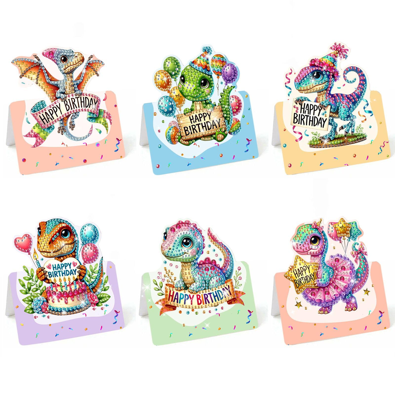 Lebartm 6Pcs 3D Folding Happy Birthday Greeting Card DIY Diamond Art Painting Foldable Thank You Cards with White Envelopes Blessing Greeting Card Set for Festival Holiday-Birthday Dinosaur