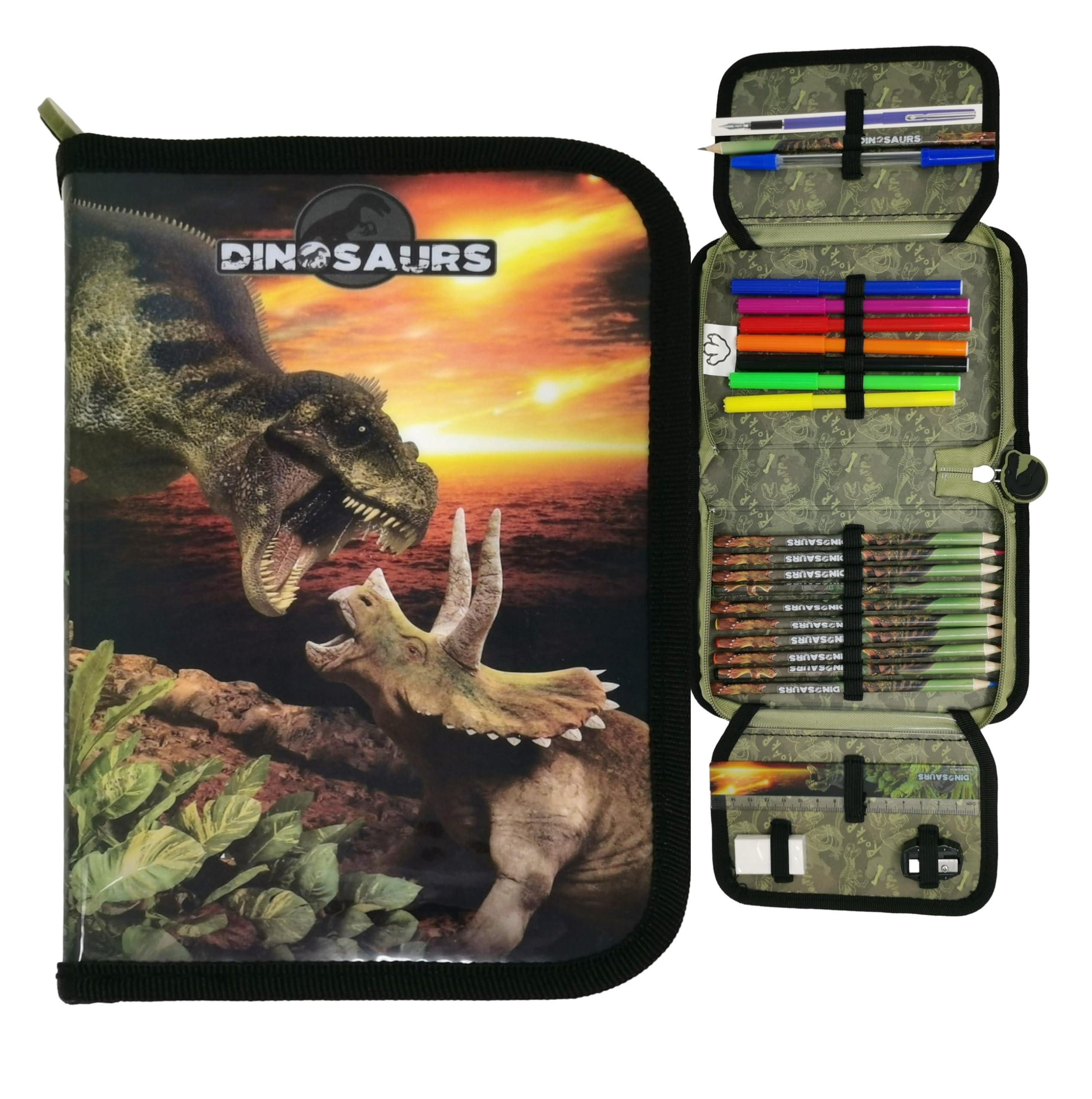Theonoi Estuche para niños, estuche para lápices, estuche de 2 compartimentos, estuche para estudiantes, estuche para lápices, accesorios escolares, escolar, niños y niñas, Dinosaurios, Niños
