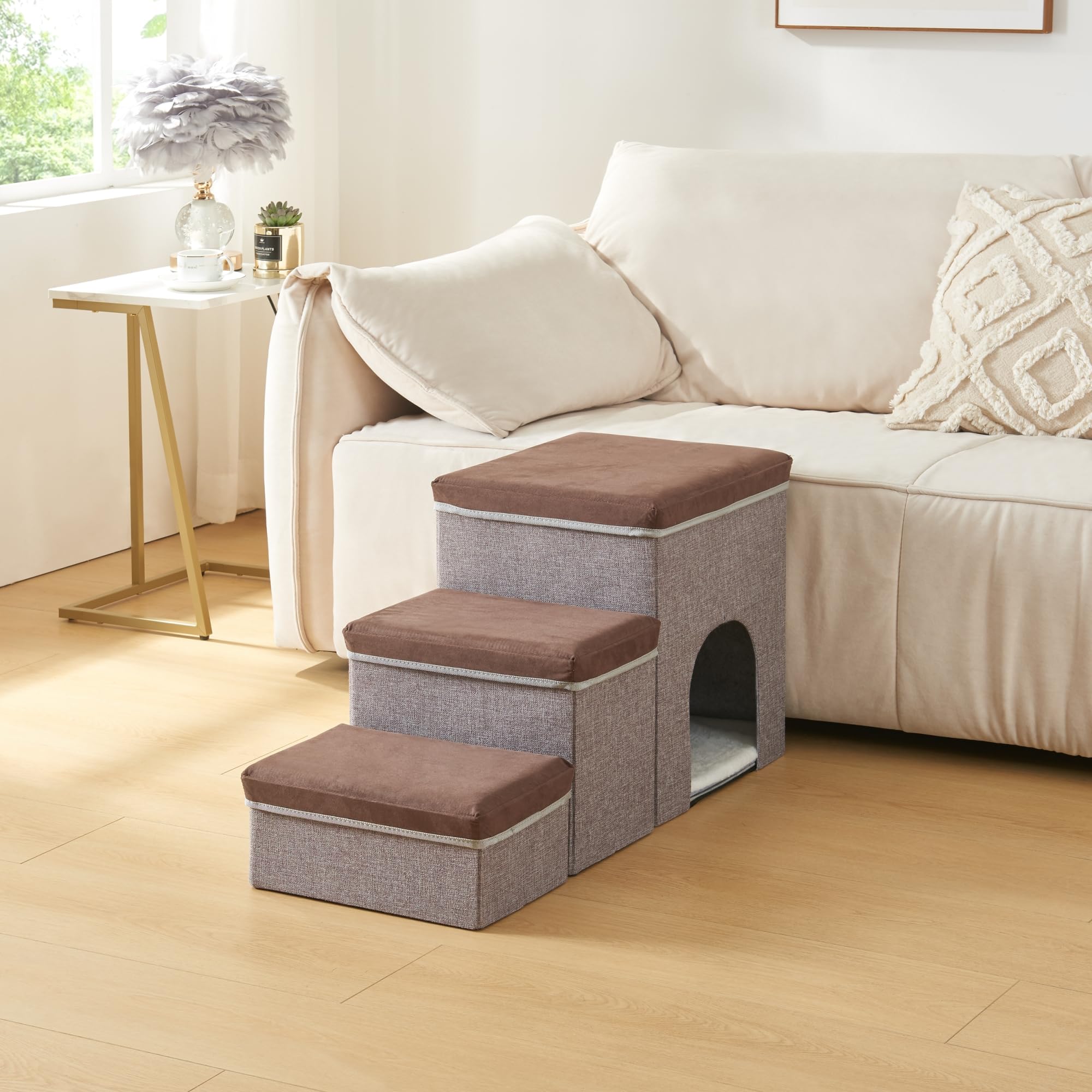 [en.casa] Scala a 3 Gradini per Cani e Gatti con Porticina Contenitori Pieghevoli con Coperchio Antiscivolo in Ecopelle 76 x 33 x 43 cm - Marrone Scuro/Grigio