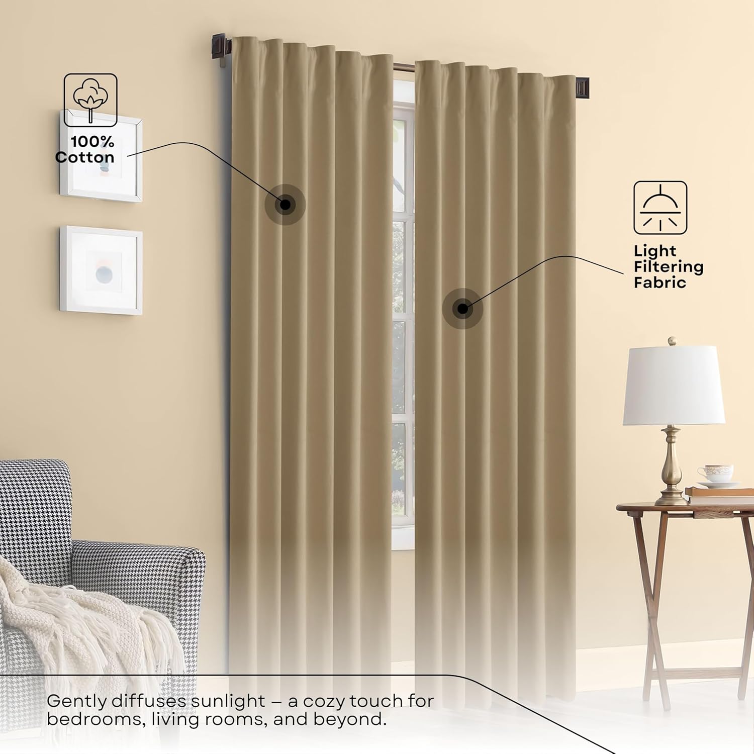 Beige Solid Panel Curtains, 63 Inches Long, Set of 2, 100% Cotton, Light Filtering for Privacy, Neutral Farmhouse Charm, Ideal for Bedroom, Living Room, 54" W x 63" L