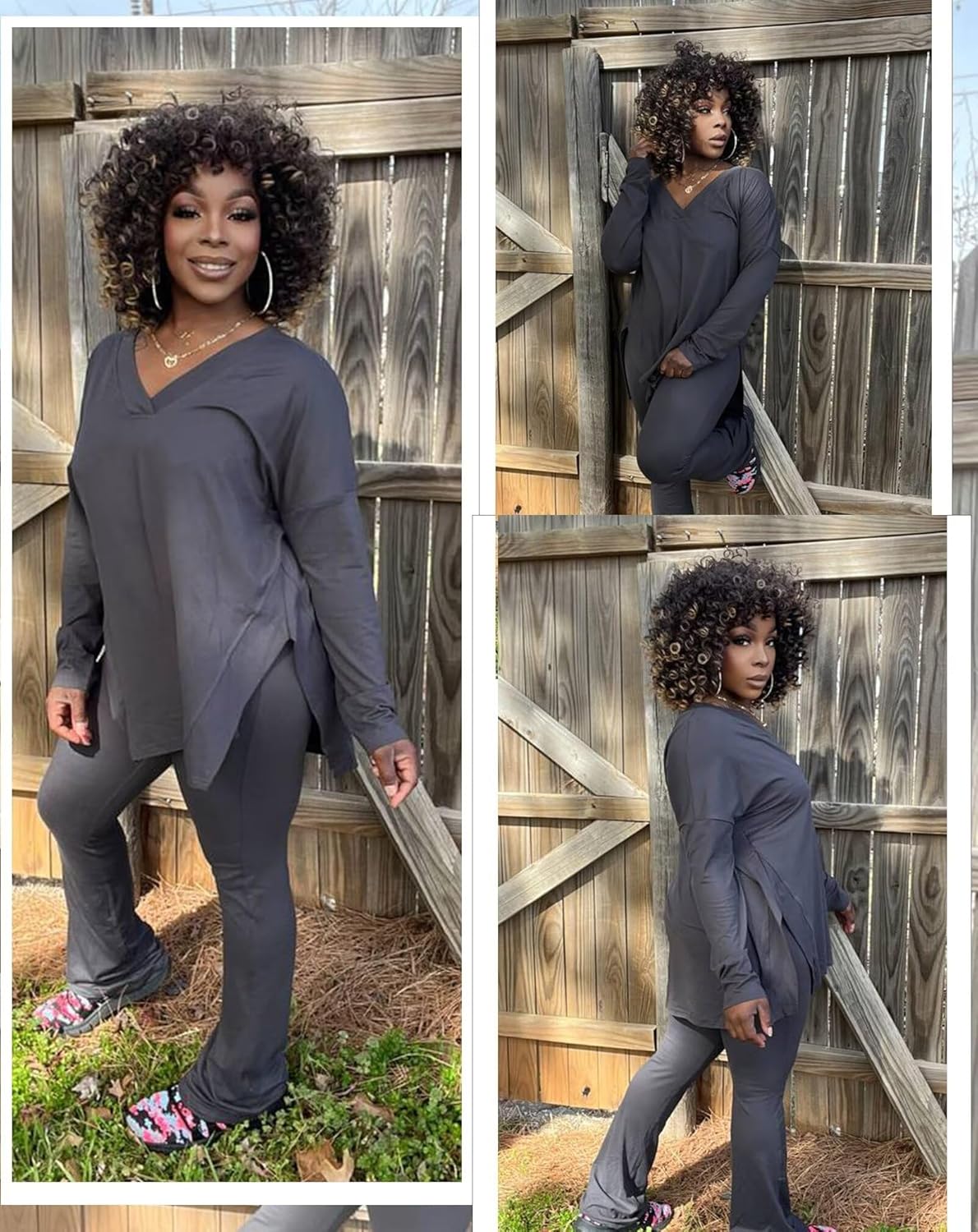 IyMoo Womens Plus Size Pants Suits Tracksuits 2 Piece Set Outfits Long Sleeve V Neck Slit Pullover Flare Leg Loungewear - Image 8