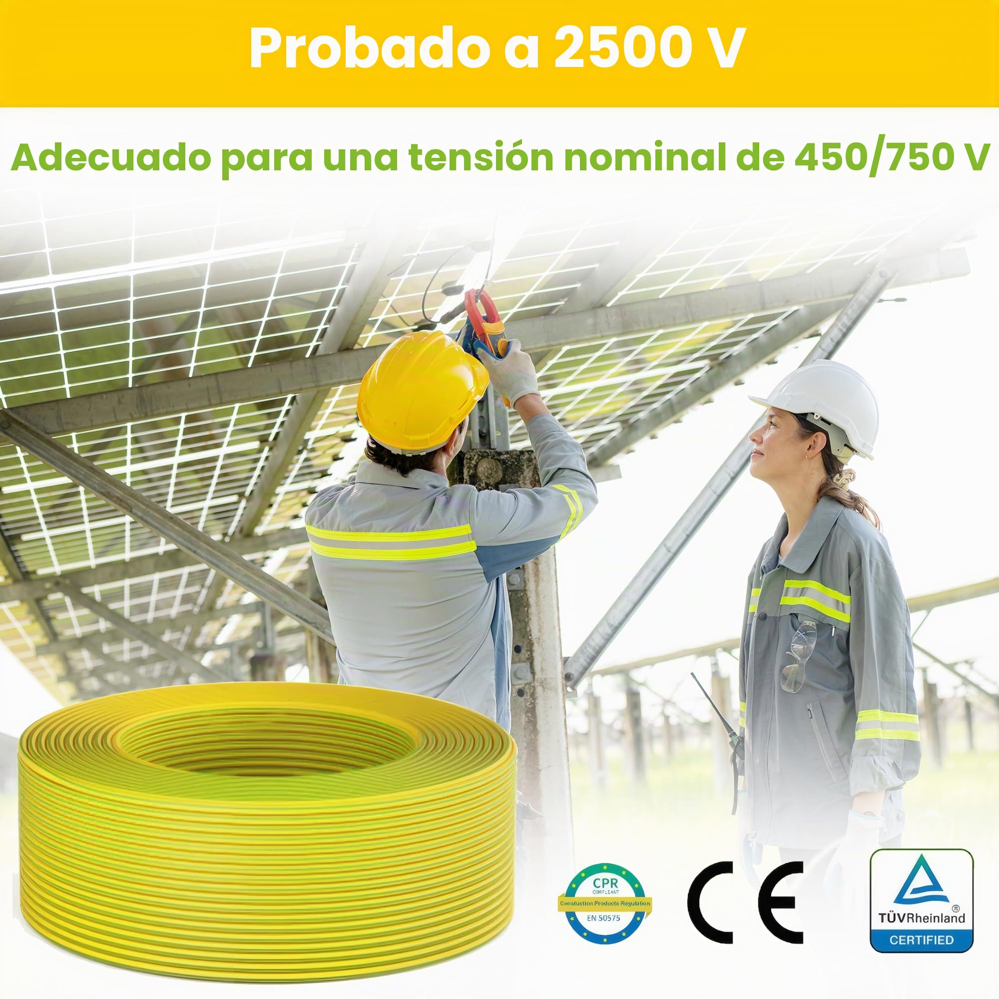 Offgridtec H07V-K - Cable de conexión a tierra (10 mm², 450/750 V, conductor de cobre fino, aislamiento XLPO y PVC, certificado HAR, instalación fija, alta flexibilidad (verde/amarillo, 15 m)