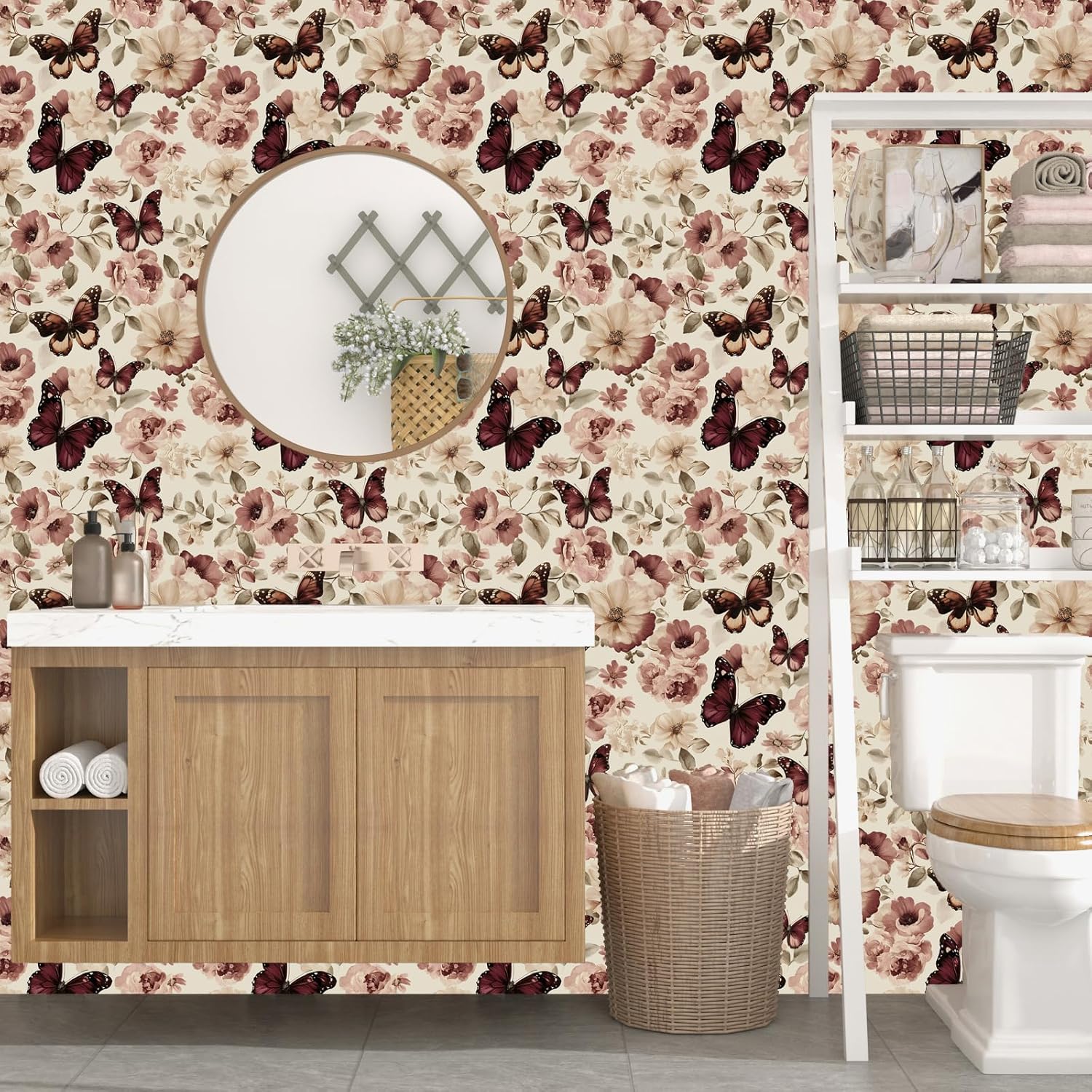 Fvlow Butterfly Floral Wallpaper Peel and Stick 17.4" x 118" Pink Boho Contact Paper Removable Self Adhesive Covering for Bedroom Cabinet Bathroom Home Decor