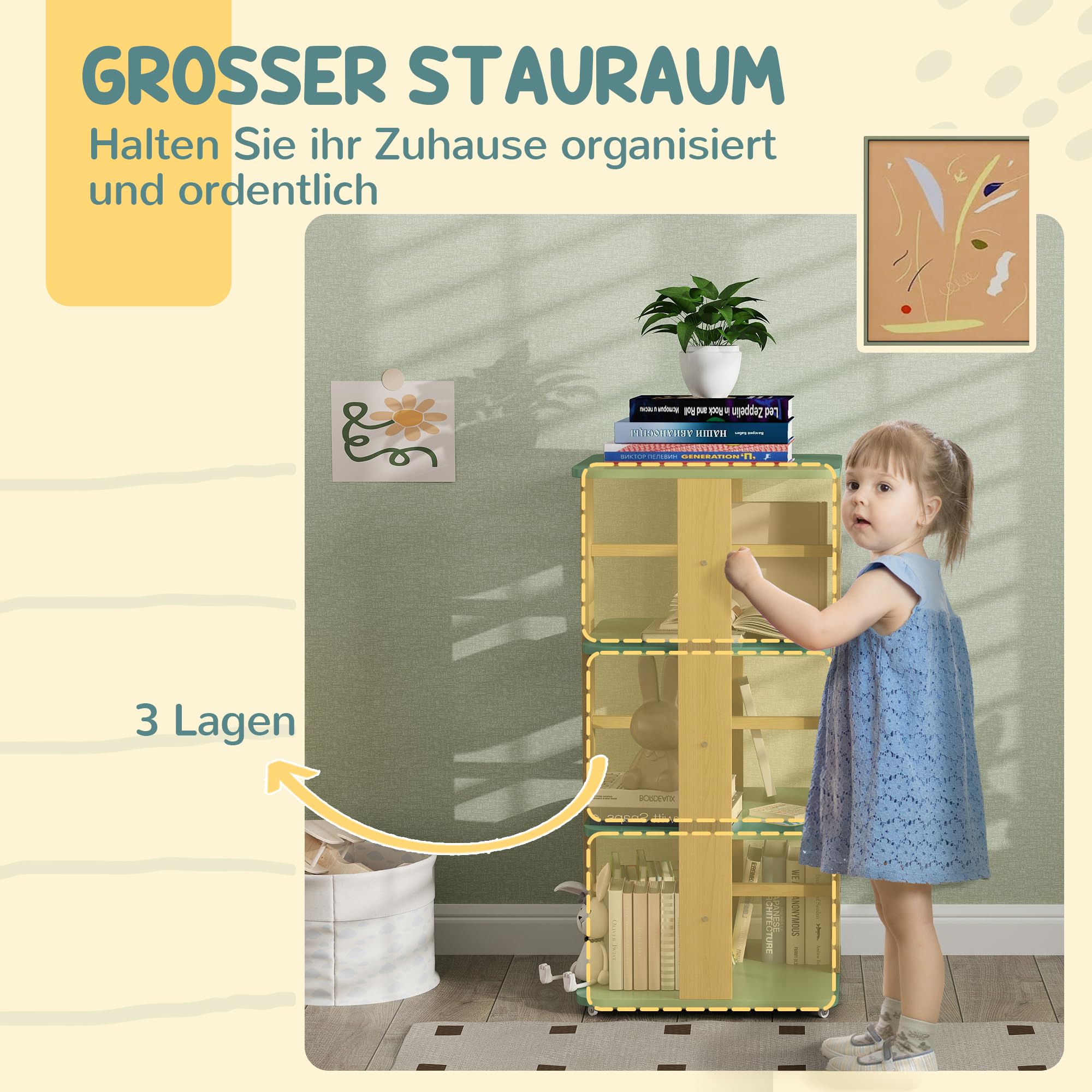 AIYAPLAY Kinderbücherregal mit Rollen, 3 Ebenen, Grün