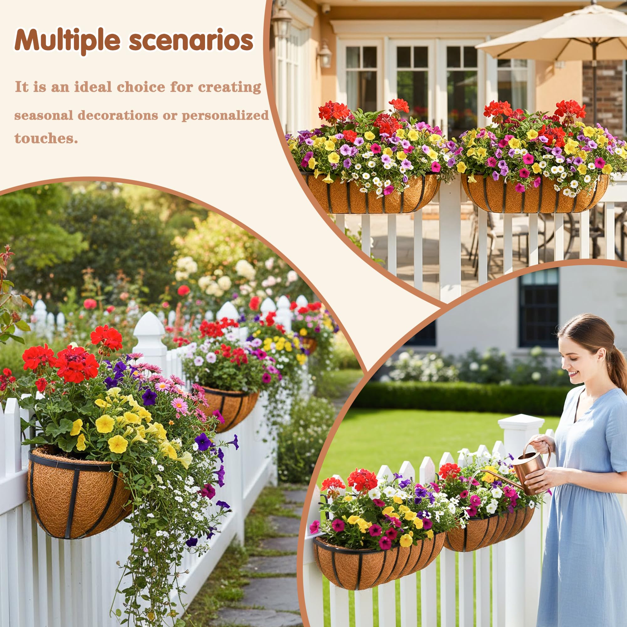 2 fioriere per ringhiere da 40,6 cm, fioriere per ringhiere con rivestimento in cocco, fioriere in metallo da parete, per esterni, balcone, portico, recinzione, patio