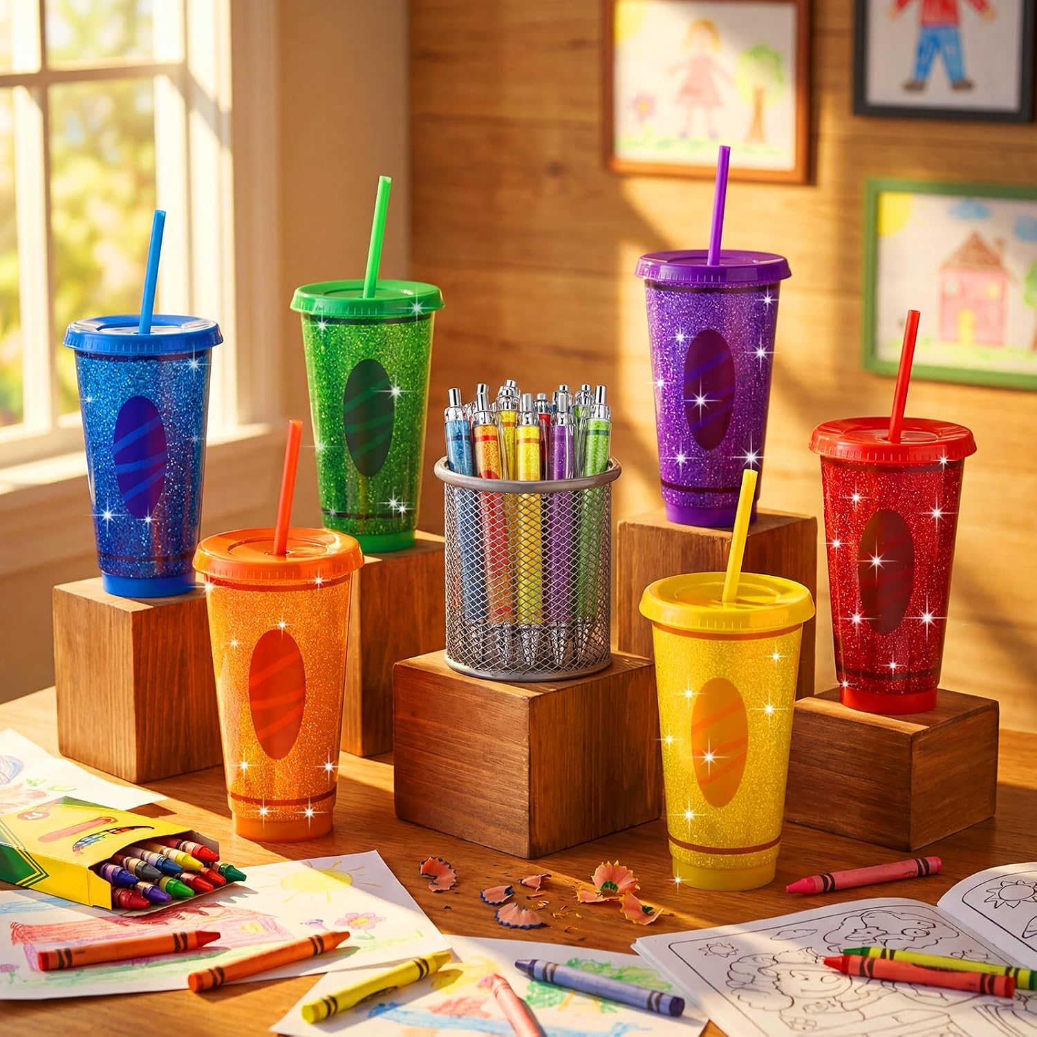 Skylety 24Pcs Back to School Teacher Gift Bulk Teachers Appreciation Gift Bulk 12 Reusable 24oz Crayon Plastic Cup with Lid Straw for First Day of School Gifts with 12 Ballpoint Pen(Colorful Crayon)