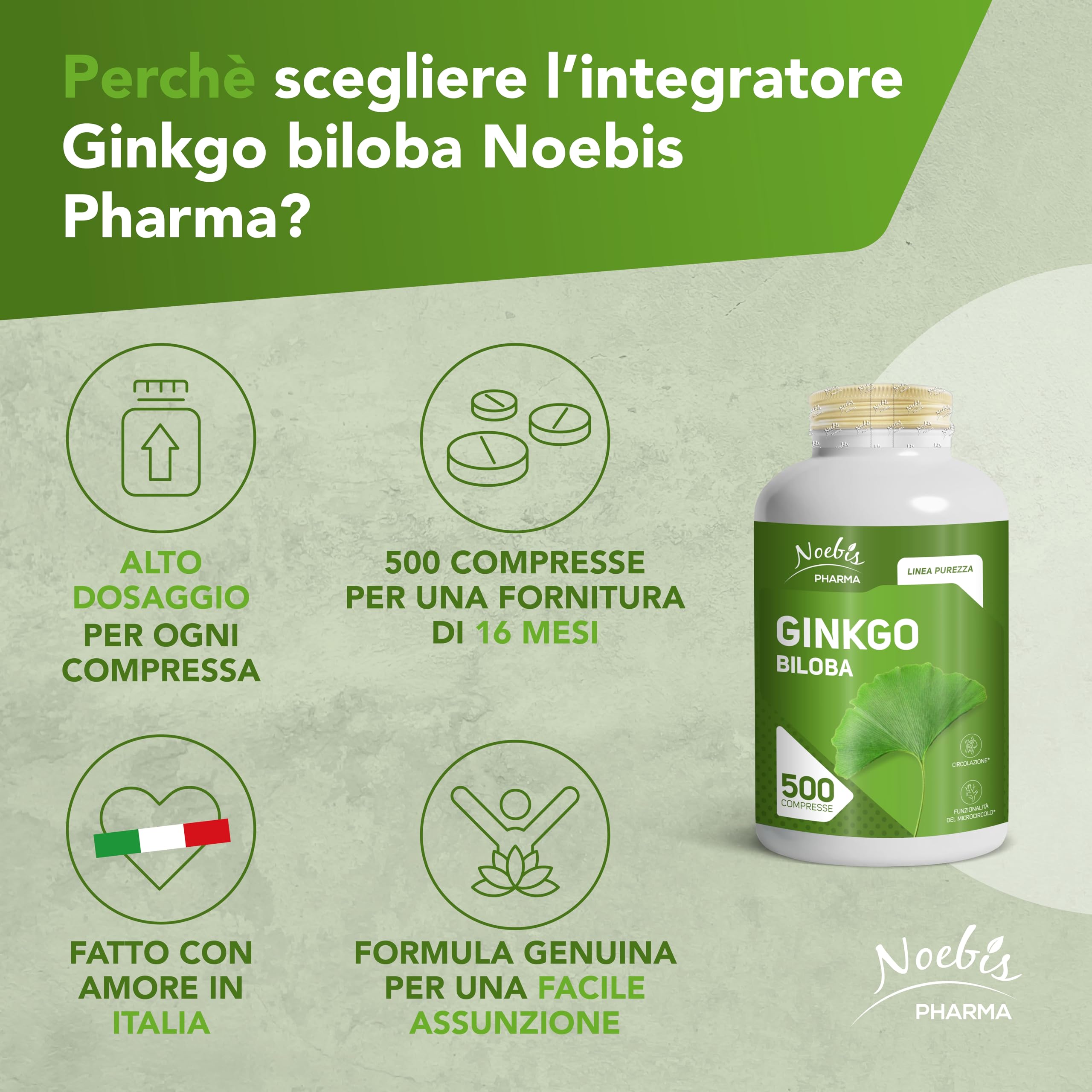Ginkgo Biloba Noebis Pharma - Estratto Secco di Foglie - 500 Compresse - Microcircolo e Circolazione