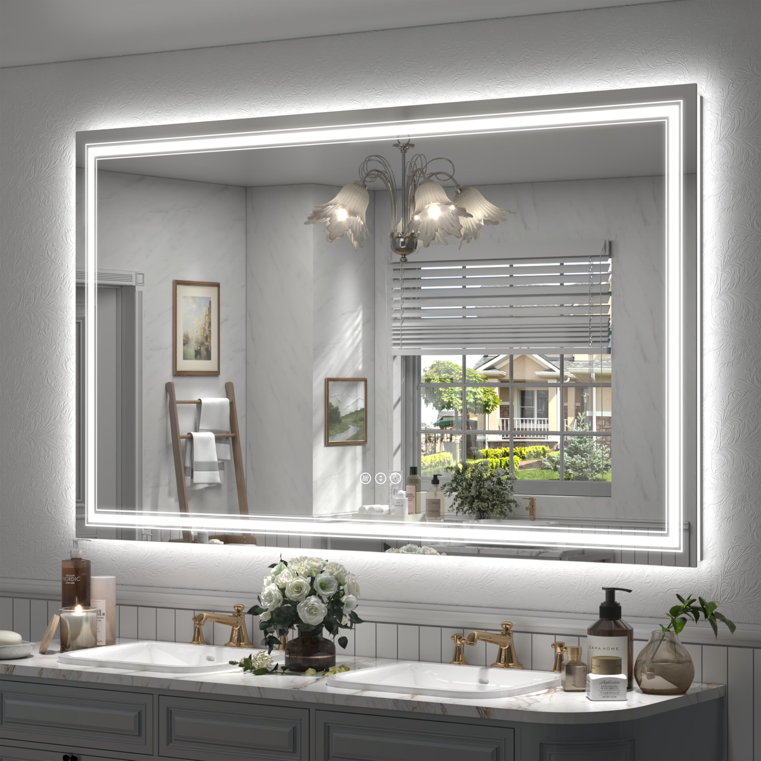 66x40 LED Bathroom Mirror, Lighted Mirror for Bathroom Wall, Backlit and Front lit, Dimmable, Anti-Fog, Shatterpoof, Memory (Horizontal/Vertical)