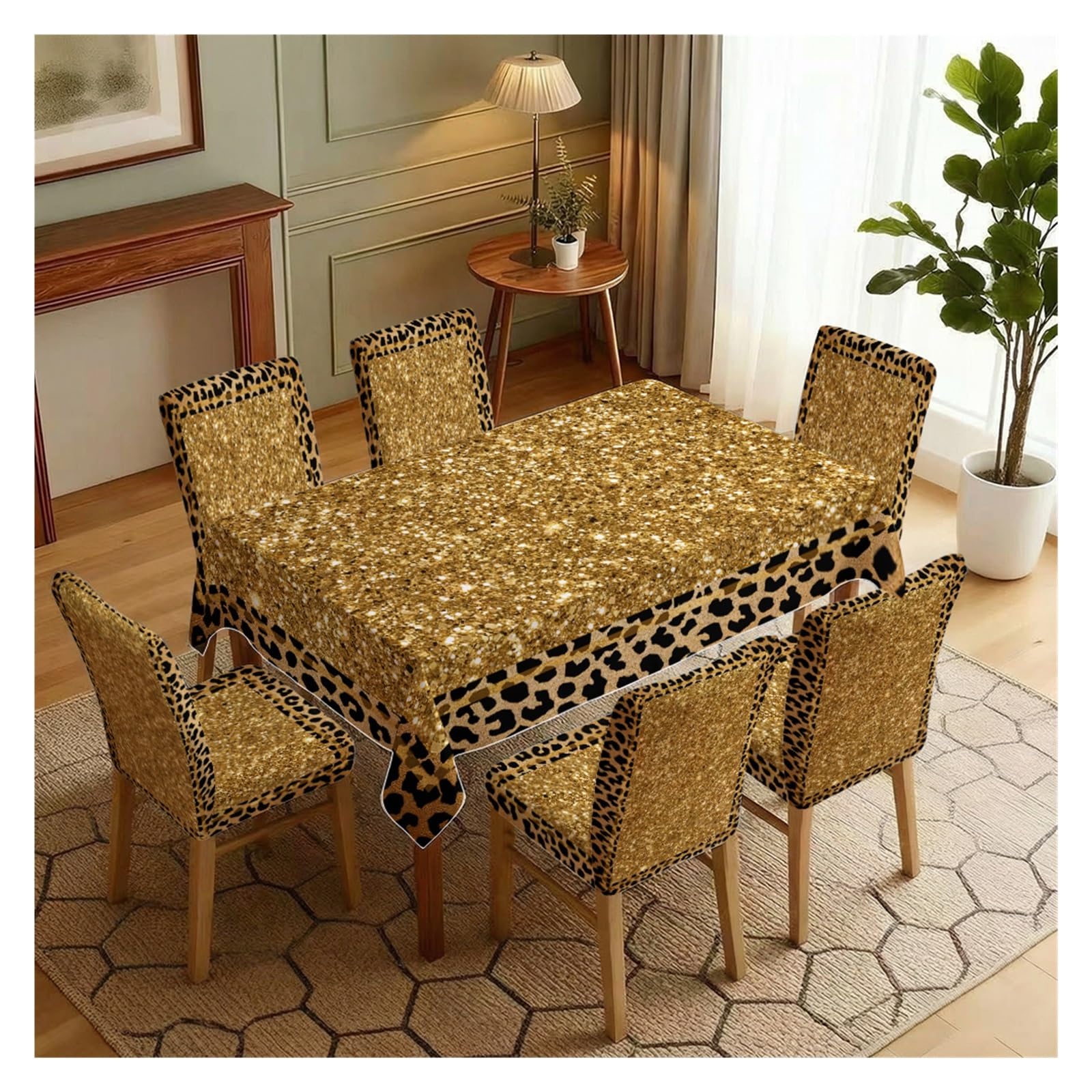 KXUAUV Stretch Dining Chair Slipcover & Tablecloth Set, Gold Glitter Leopard Print, 5/7 Pack, For Party Club Night Glam Dining Modern Home Decor Party Decor(7pcs Set: Tablecloth+Chair Covers)